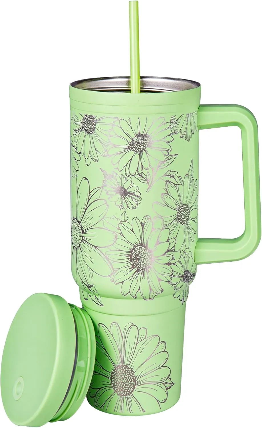 Engraved Daisy 40oz Insulated Tumbler with Handle, Lid & Straw - Use for Water, Tea, Coffee & More-Disabled USMC Vet Owned Small Business