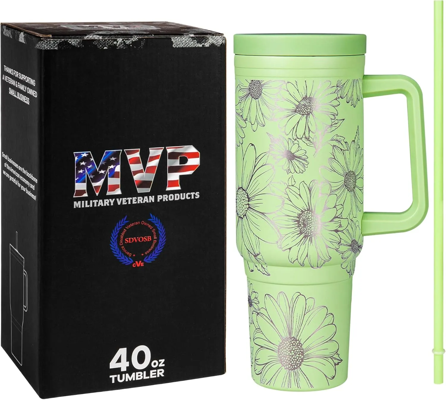 Engraved Daisy 40oz Insulated Tumbler with Handle, Lid & Straw - Use for Water, Tea, Coffee & More-Disabled USMC Vet Owned Small Business