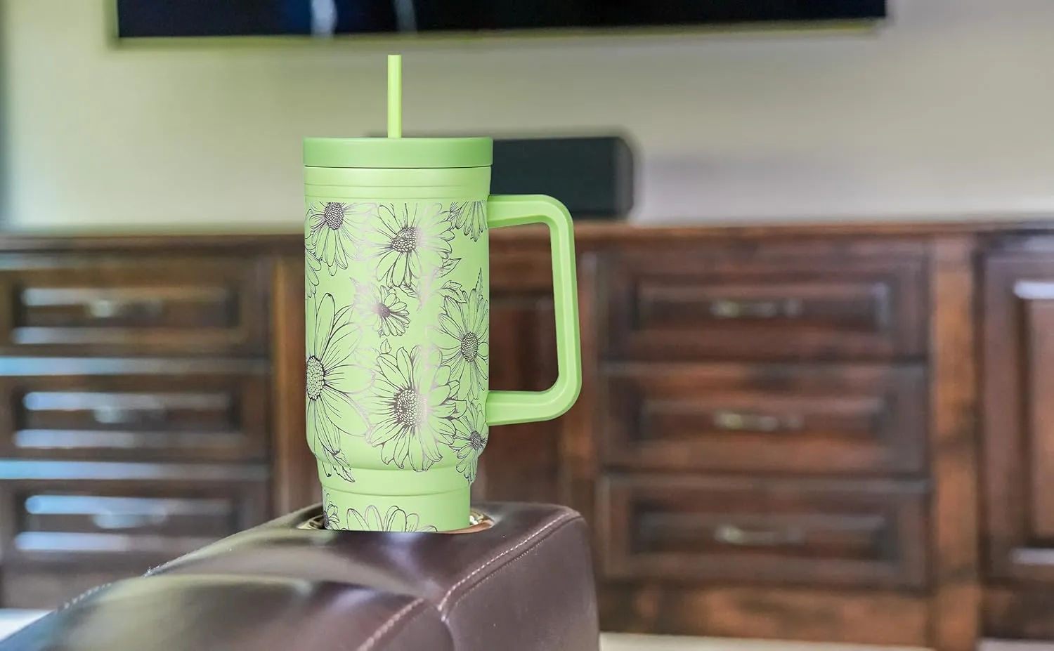Engraved Daisy 40oz Insulated Tumbler with Handle, Lid & Straw - Use for Water, Tea, Coffee & More-Disabled USMC Vet Owned Small Business