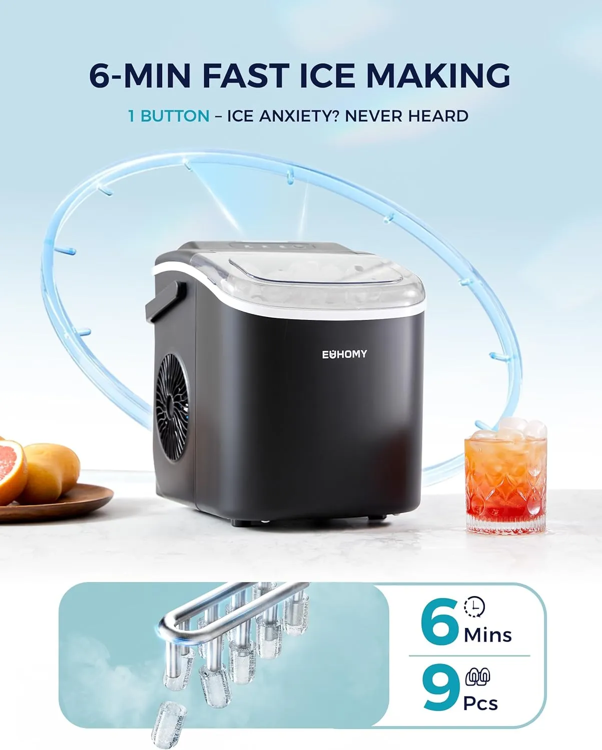 EUHOMY Countertop Ice Maker Machine with Handle, 26lbs in 24Hrs, 9 Ice Cubes Ready in 6 Mins, Auto-Cleaning Portable Ice Maker with Basket and Scoop, for Home/Kitchen/Camping/RV. (Black)