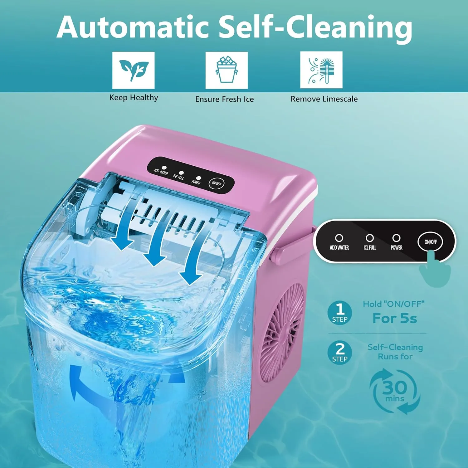 EUHOMY Countertop Ice Maker Machine with Handle, 26lbs Per Day, 9 Ice Cubes Ready in 6 Mins, Auto-Cleaning Portable Ice Maker with Basket and Scoop, for Home/Kitchen/Camping/RV (Pink)