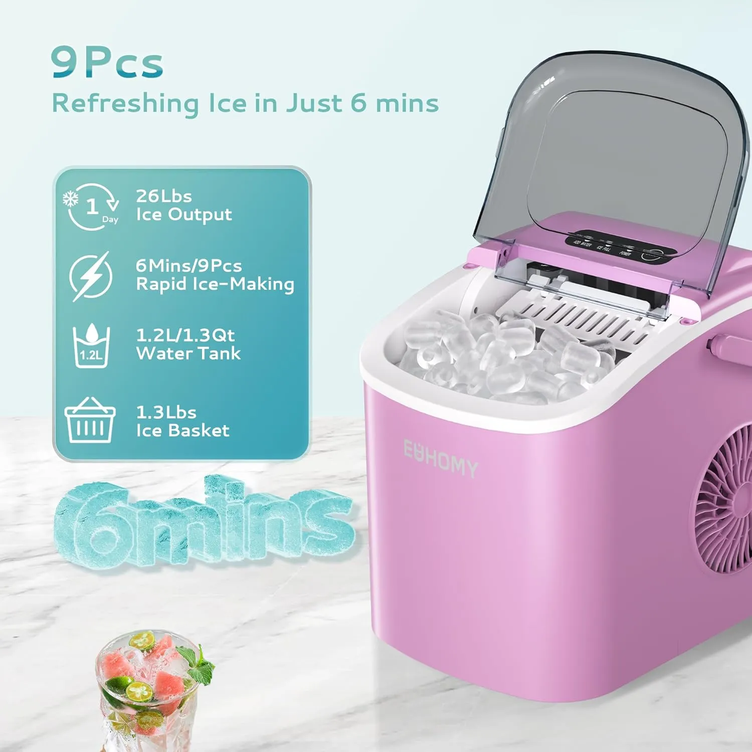 EUHOMY Countertop Ice Maker Machine with Handle, 26lbs Per Day, 9 Ice Cubes Ready in 6 Mins, Auto-Cleaning Portable Ice Maker with Basket and Scoop, for Home/Kitchen/Camping/RV (Pink)