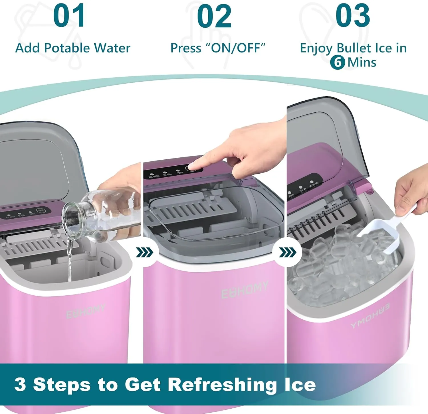 EUHOMY Countertop Ice Maker Machine with Handle, 26lbs Per Day, 9 Ice Cubes Ready in 6 Mins, Auto-Cleaning Portable Ice Maker with Basket and Scoop, for Home/Kitchen/Camping/RV (Pink)