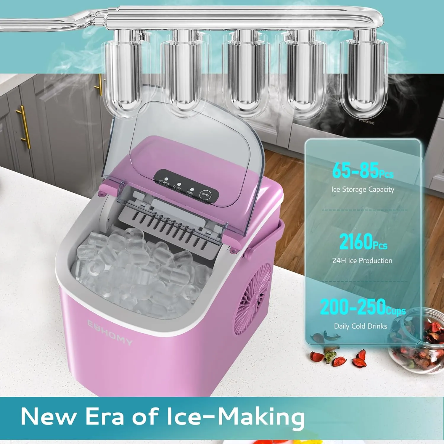 EUHOMY Countertop Ice Maker Machine with Handle, 26lbs Per Day, 9 Ice Cubes Ready in 6 Mins, Auto-Cleaning Portable Ice Maker with Basket and Scoop, for Home/Kitchen/Camping/RV (Pink)