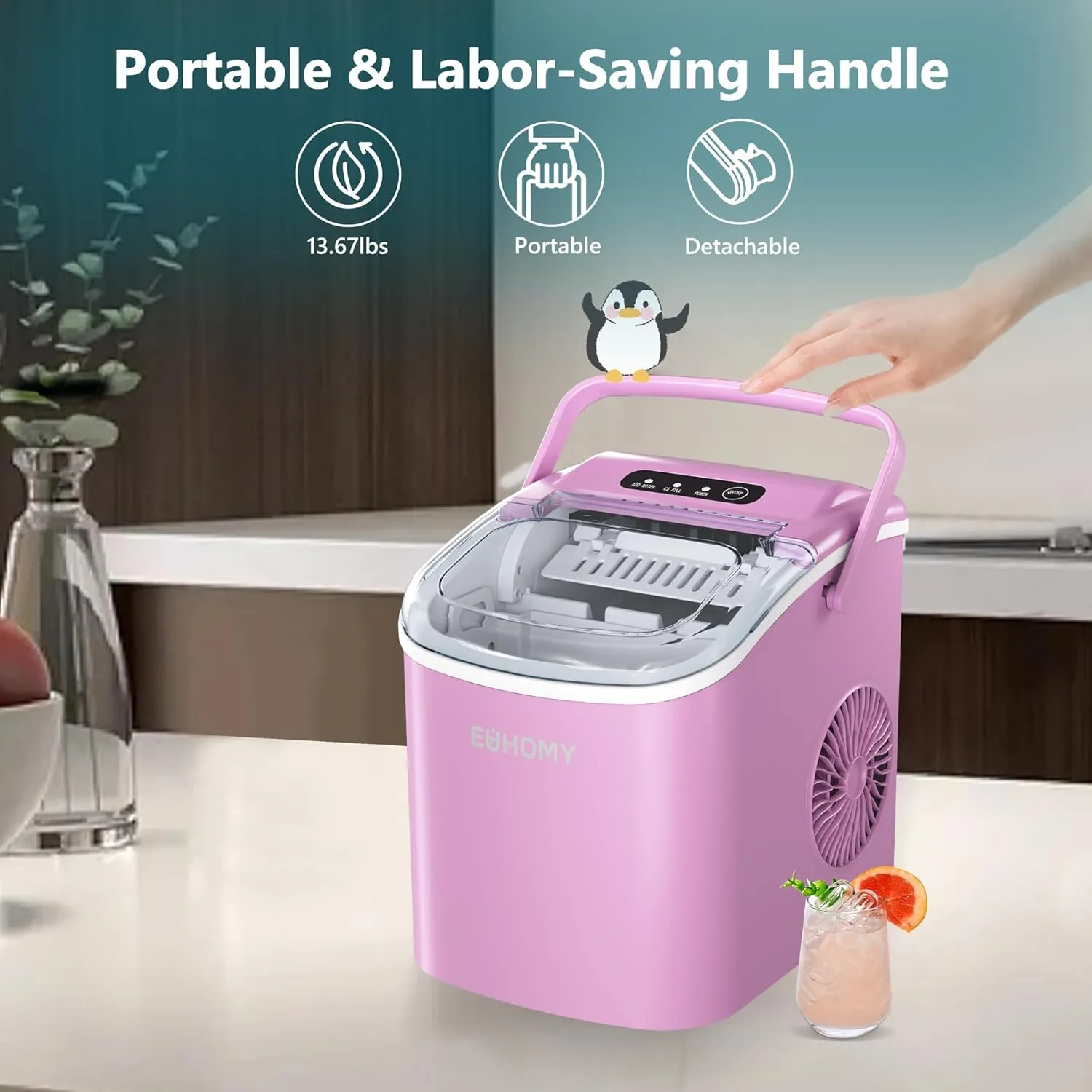 EUHOMY Countertop Ice Maker Machine with Handle, 26lbs Per Day, 9 Ice Cubes Ready in 6 Mins, Auto-Cleaning Portable Ice Maker with Basket and Scoop, for Home/Kitchen/Camping/RV (Pink)