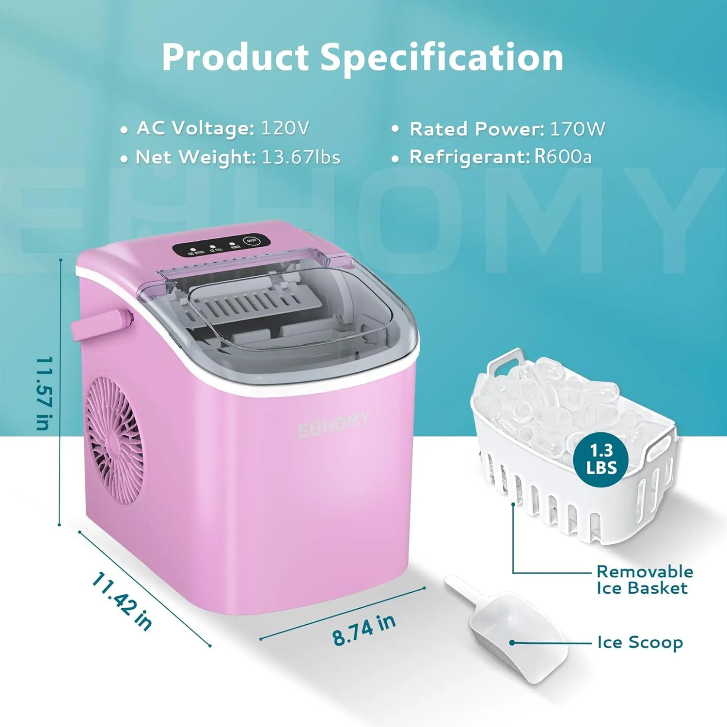 EUHOMY Countertop Ice Maker Machine with Handle, 26lbs Per Day, 9 Ice Cubes Ready in 6 Mins, Auto-Cleaning Portable Ice Maker with Basket and Scoop, for Home/Kitchen/Camping/RV (Pink)