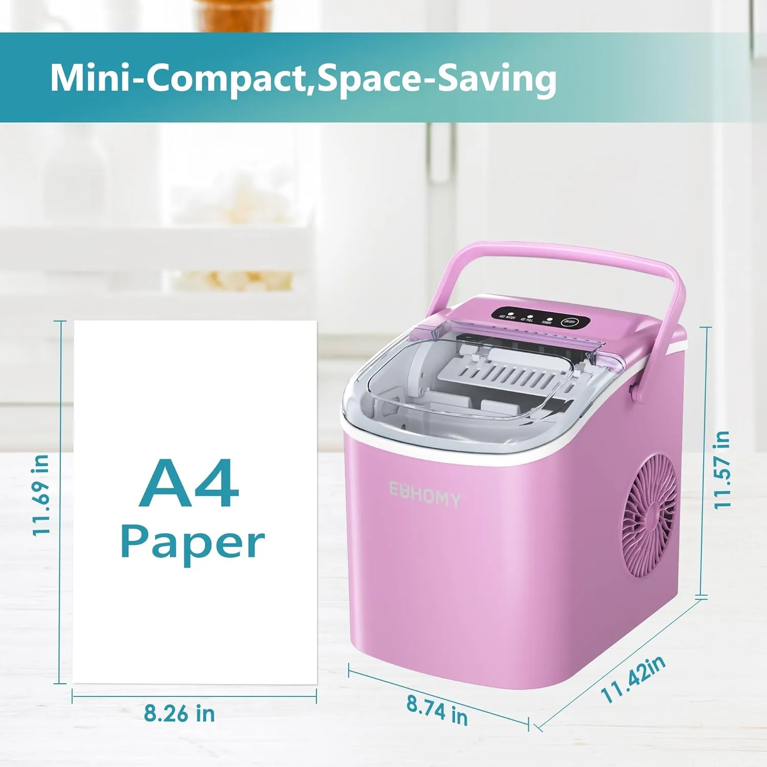 EUHOMY Countertop Ice Maker Machine with Handle, 26lbs Per Day, 9 Ice Cubes Ready in 6 Mins, Auto-Cleaning Portable Ice Maker with Basket and Scoop, for Home/Kitchen/Camping/RV (Pink)
