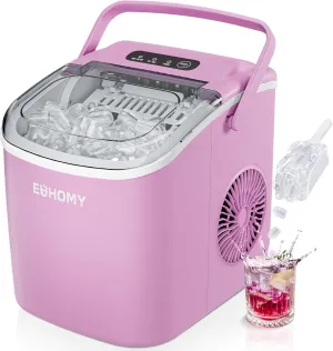 EUHOMY Countertop Ice Maker Machine with Handle, 26lbs Per Day, 9 Ice Cubes Ready in 6 Mins, Auto-Cleaning Portable Ice Maker with Basket and Scoop, for Home/Kitchen/Camping/RV (Pink)