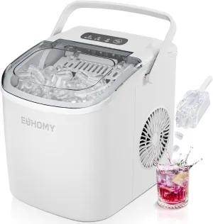 EUHOMY Countertop Ice Maker Machine with Handle, 26lbs Per Day, 9 Ice Cubes Ready in 6 Mins, Auto-Cleaning Portable Ice Maker with Basket and Scoop, for Home/Kitchen/Camping/RV (White)