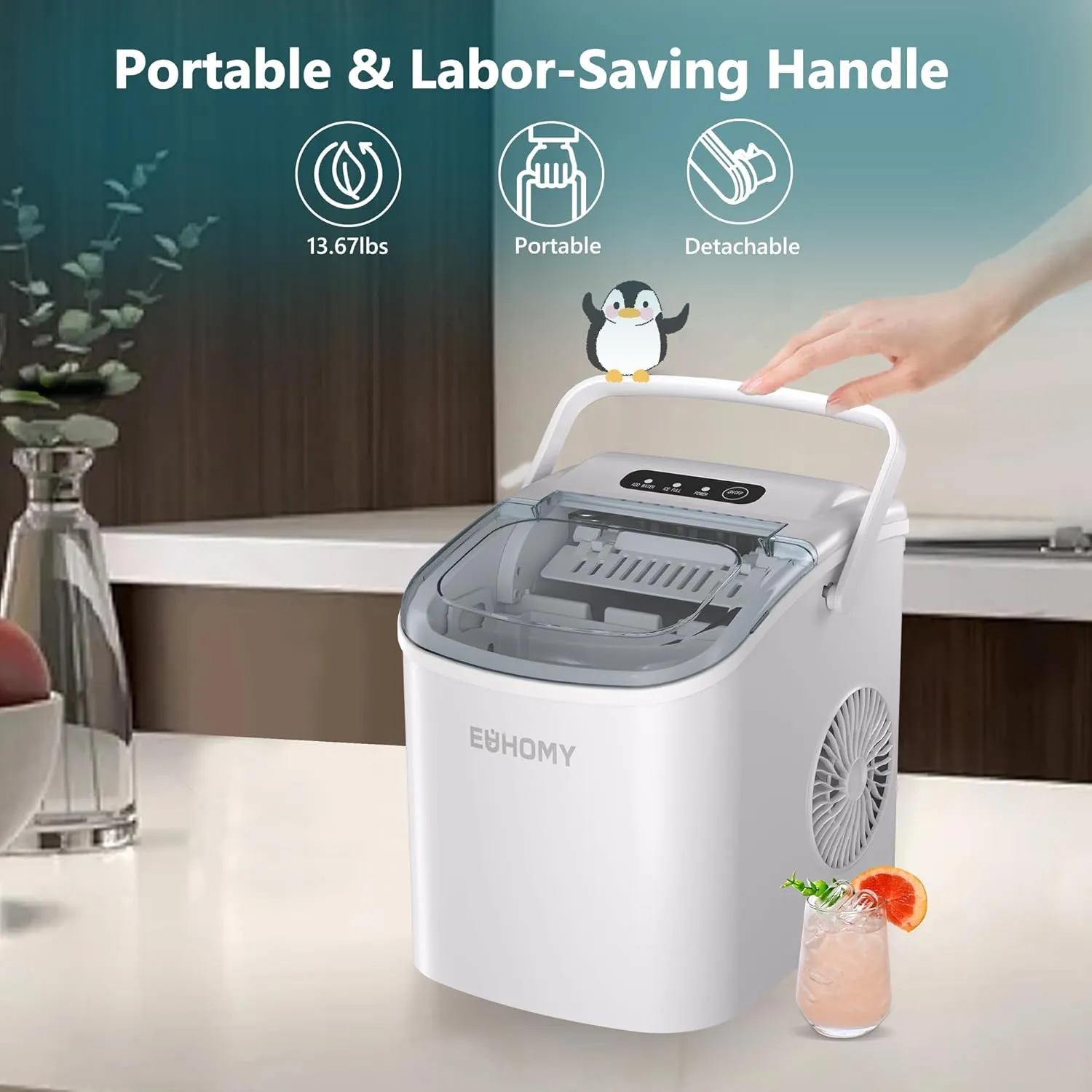 EUHOMY Countertop Ice Maker Machine with Handle, 26lbs Per Day, 9 Ice Cubes Ready in 6 Mins, Auto-Cleaning Portable Ice Maker with Basket and Scoop, for Home/Kitchen/Camping/RV (White)