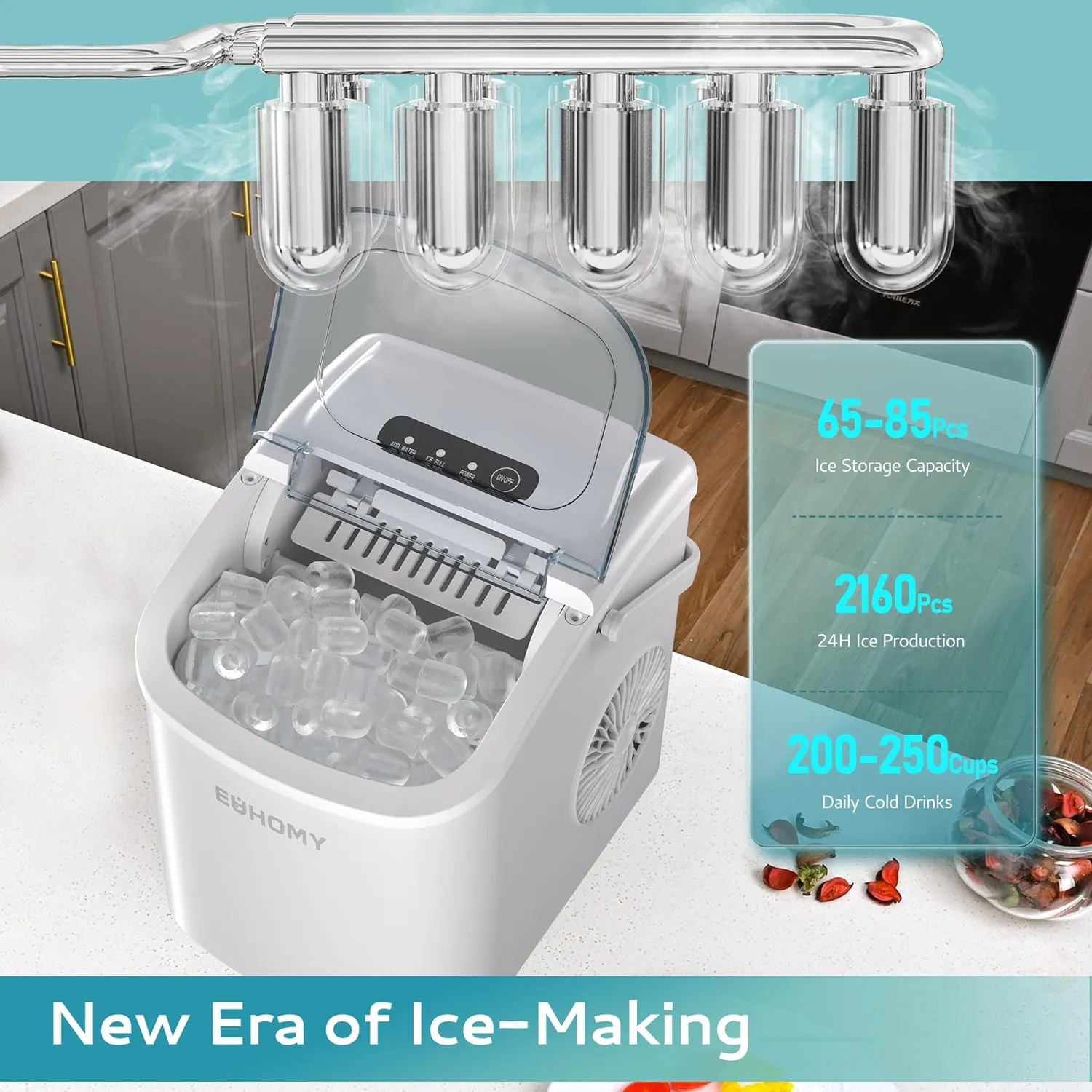 EUHOMY Countertop Ice Maker Machine with Handle, 26lbs Per Day, 9 Ice Cubes Ready in 6 Mins, Auto-Cleaning Portable Ice Maker with Basket and Scoop, for Home/Kitchen/Camping/RV (White)