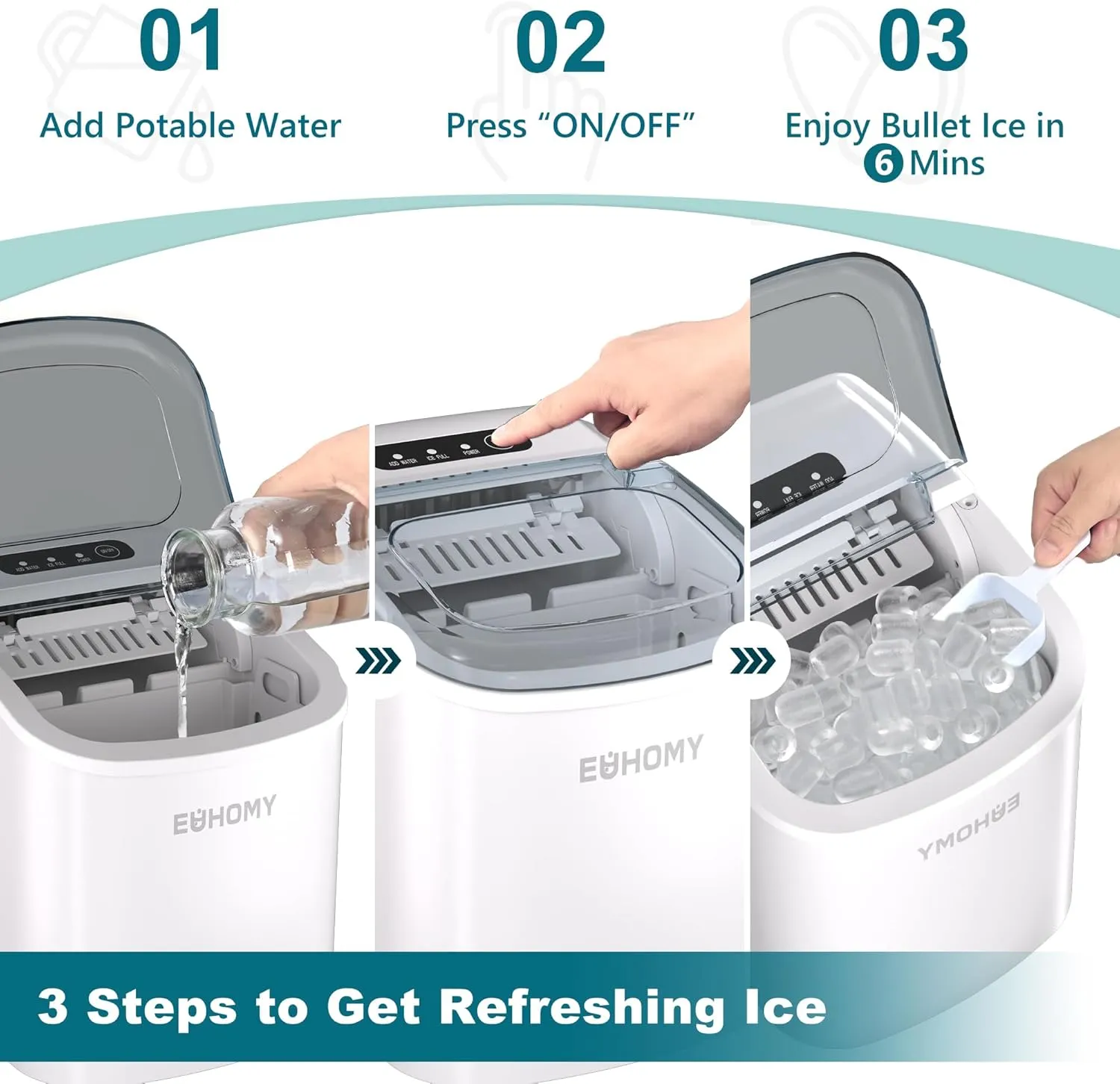 EUHOMY Countertop Ice Maker Machine with Handle, 26lbs Per Day, 9 Ice Cubes Ready in 6 Mins, Auto-Cleaning Portable Ice Maker with Basket and Scoop, for Home/Kitchen/Camping/RV (White)