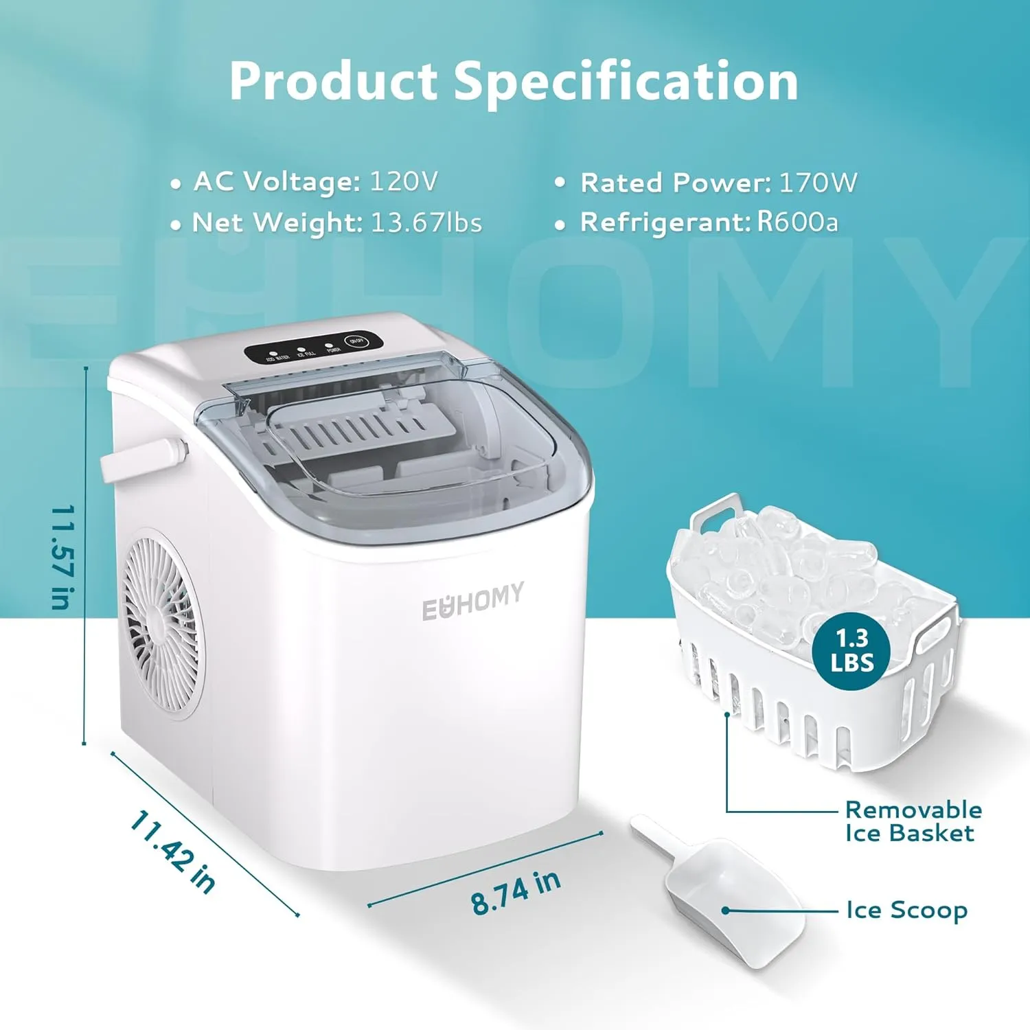 EUHOMY Countertop Ice Maker Machine with Handle, 26lbs Per Day, 9 Ice Cubes Ready in 6 Mins, Auto-Cleaning Portable Ice Maker with Basket and Scoop, for Home/Kitchen/Camping/RV (White)