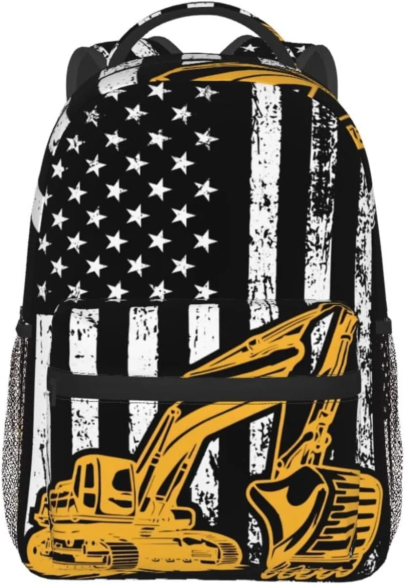 Excavator American Flag Backpack Lightweight Laptop Backpack Casual Daypack Travel Double Shoulder Bag For Women Men