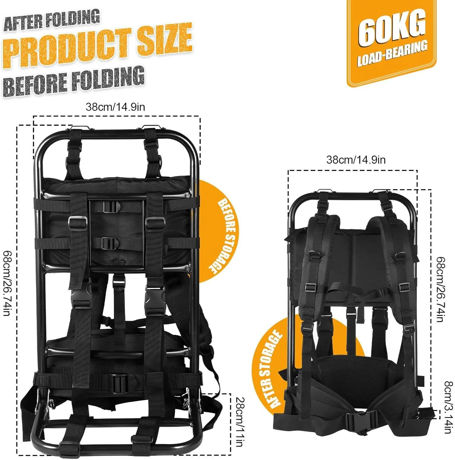 External Frame Hiking Backpack - Foldable Aluminum Hunting Pack Frame │ 60kg Load Capacity │ Adjustable Top Frame & Breathable Mesh For Camping, Hiking, Travel (Black)