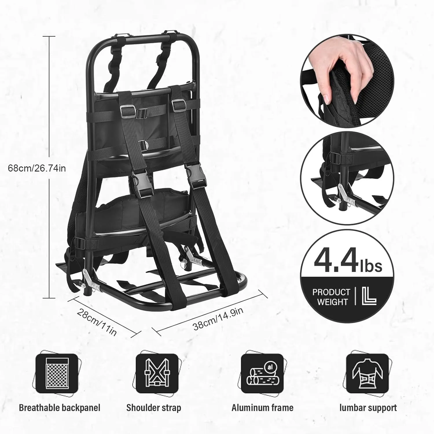 External Frame Hiking Backpack,Heavy Duty Aluminum Frame Hiking Backpack,Foldable Hunting Pack Frames Hikings Backpacks Frames Can Load 132Lbs For Hikings,Travel,Mountaineering,Hunting,Black