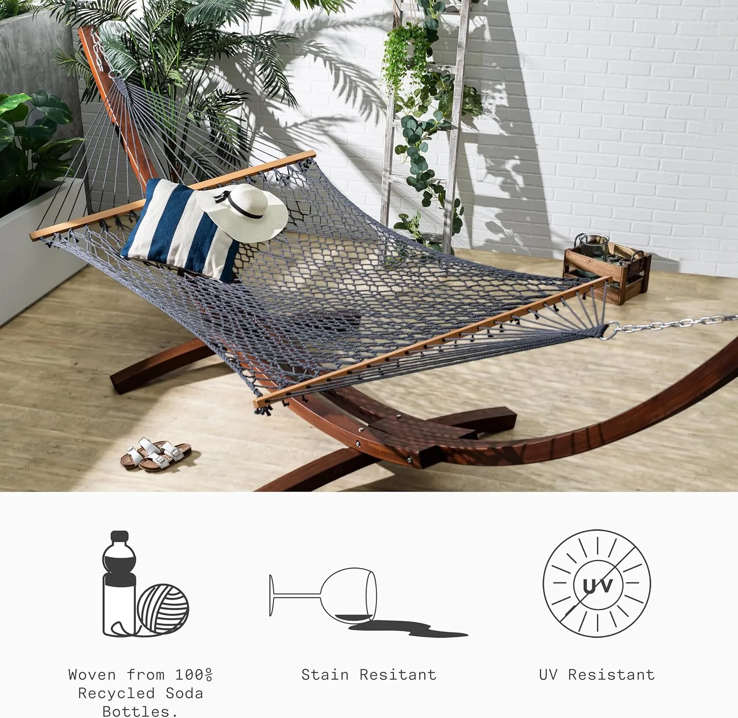 Fab Habitat 12-14 ft Adjustable Quick Dry Recycled Polyester Rope Hammock, Fade Resistant, 2 Person Indoor/Outdoor (460lbs Capacity) for Patio, Poolside, Backyard, Garden, Balcony, Miami - Charcoal
