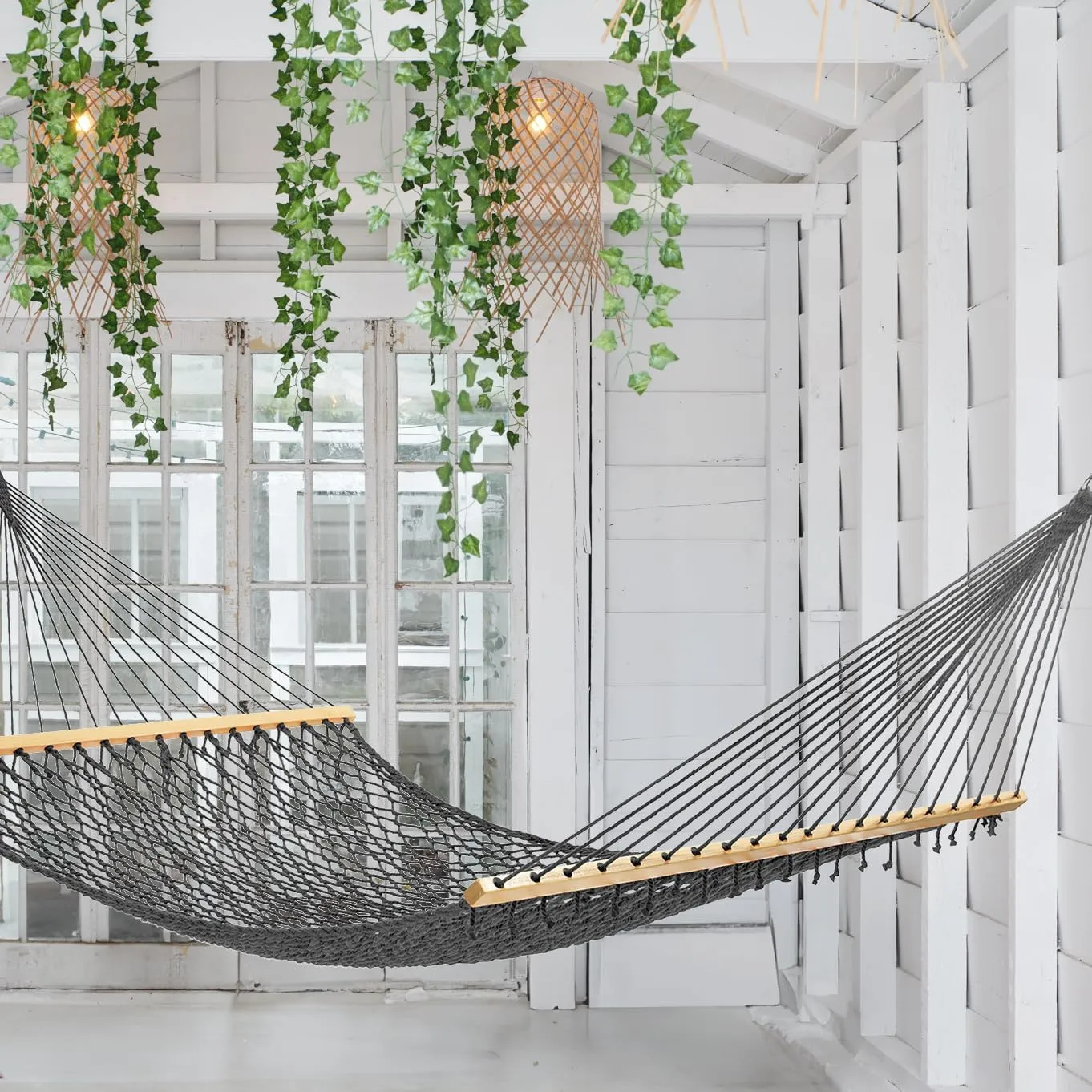Fab Habitat 12-14 ft Adjustable Quick Dry Recycled Polyester Rope Hammock, Fade Resistant, 2 Person Indoor/Outdoor (460lbs Capacity) for Patio, Poolside, Backyard, Garden, Balcony, Miami - Charcoal