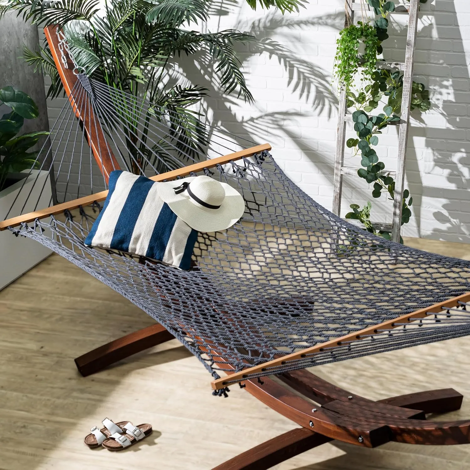 Fab Habitat 12-14 ft Adjustable Quick Dry Recycled Polyester Rope Hammock, Fade Resistant, 2 Person Indoor/Outdoor (460lbs Capacity) for Patio, Poolside, Backyard, Garden, Balcony, Miami - Charcoal