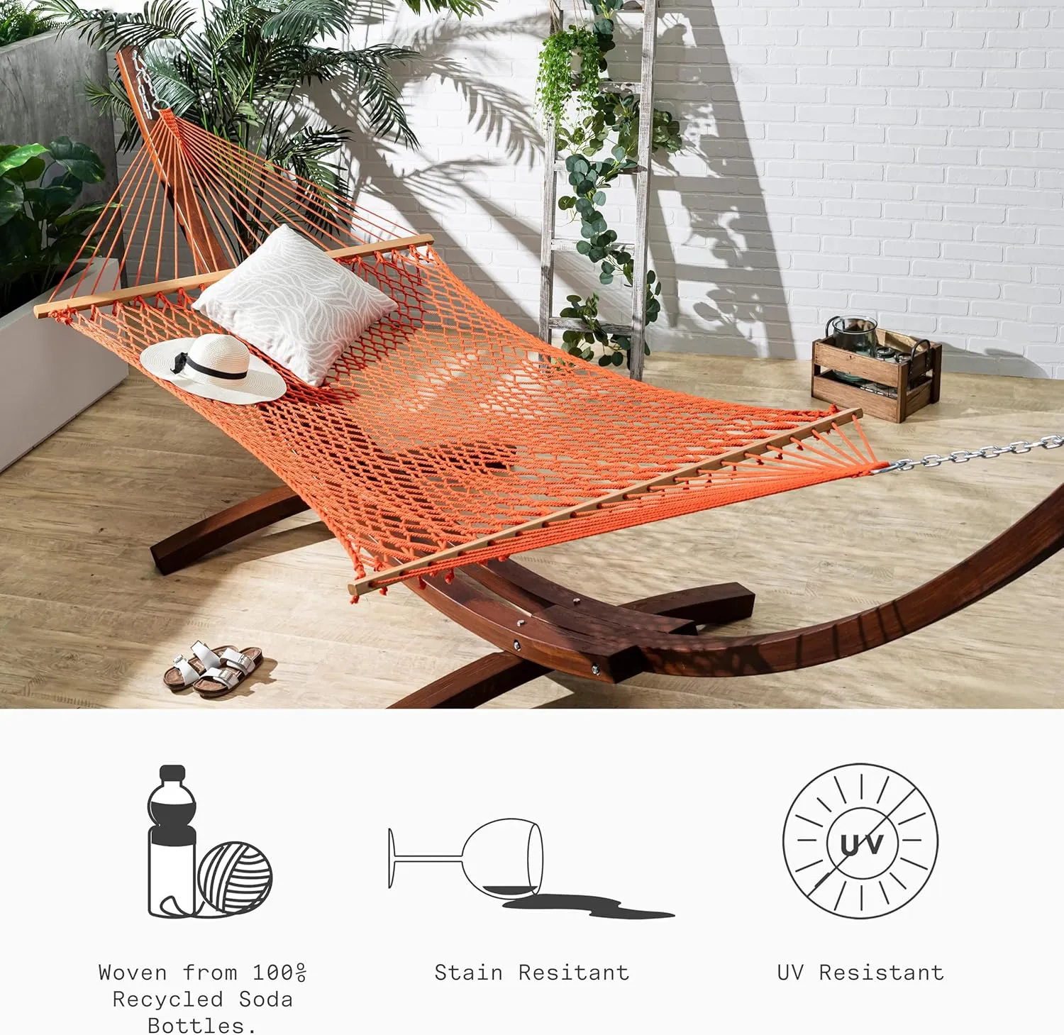 Fab Habitat 12-14 ft Adjustable Quick Dry Recycled Polyester Rope Hammock, Fade Resistant, 2 Person Indoor/Outdoor (460lbs Capacity) for Patio, Poolside, Backyard, Garden, Balcony, Miami - Tangerine