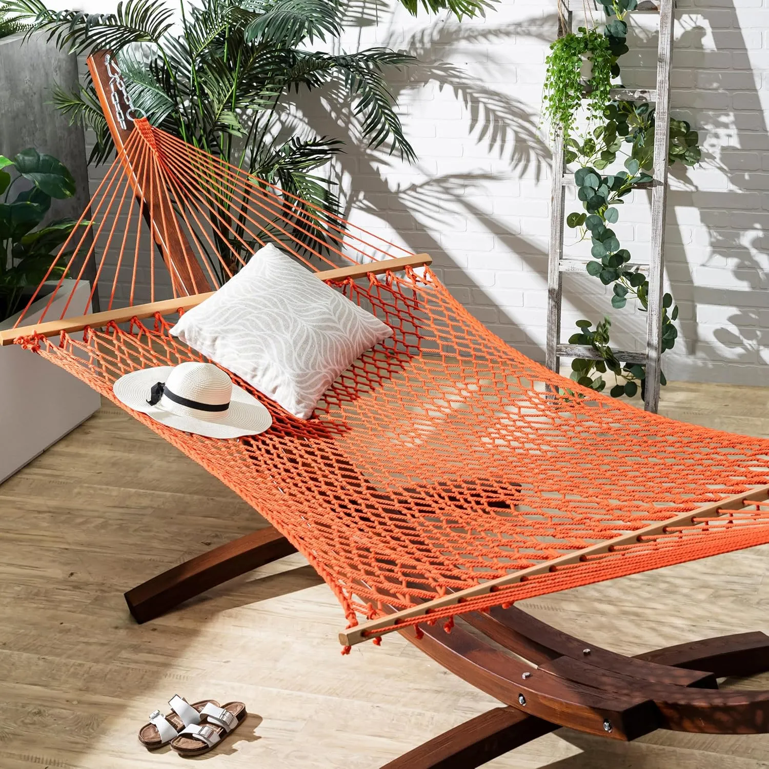 Fab Habitat 12-14 ft Adjustable Quick Dry Recycled Polyester Rope Hammock, Fade Resistant, 2 Person Indoor/Outdoor (460lbs Capacity) for Patio, Poolside, Backyard, Garden, Balcony, Miami - Tangerine
