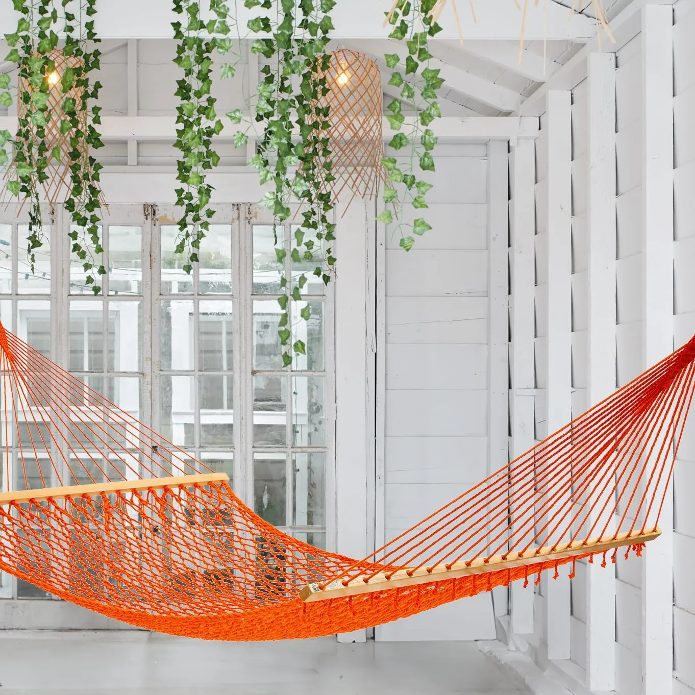 Fab Habitat 12-14 ft Adjustable Quick Dry Recycled Polyester Rope Hammock, Fade Resistant, 2 Person Indoor/Outdoor (460lbs Capacity) for Patio, Poolside, Backyard, Garden, Balcony, Miami - Tangerine