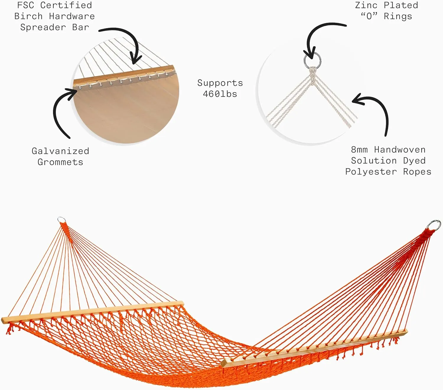 Fab Habitat 12-14 ft Adjustable Quick Dry Recycled Polyester Rope Hammock, Fade Resistant, 2 Person Indoor/Outdoor (460lbs Capacity) for Patio, Poolside, Backyard, Garden, Balcony, Miami - Tangerine