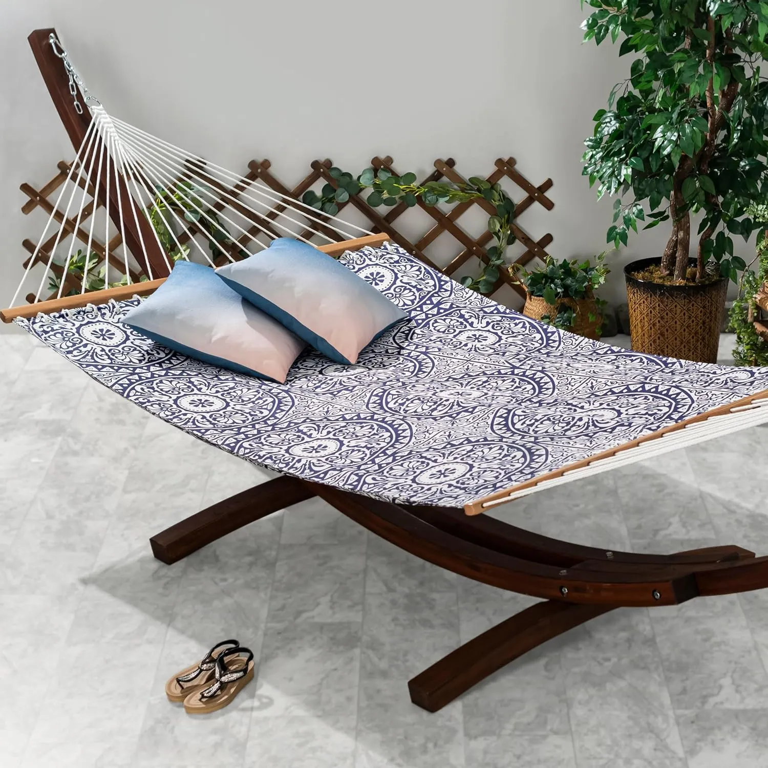 Fab Habitat Farmhouse Recycled Polyester Hammock - Spanish Tile - Blue - Indoor/Outdoor, Quick Dry, 2 Person 460 lbs Capacity - Patio, Poolside, Backyard, Garden, Beach, Balcony - 12-14 ft Adjustable