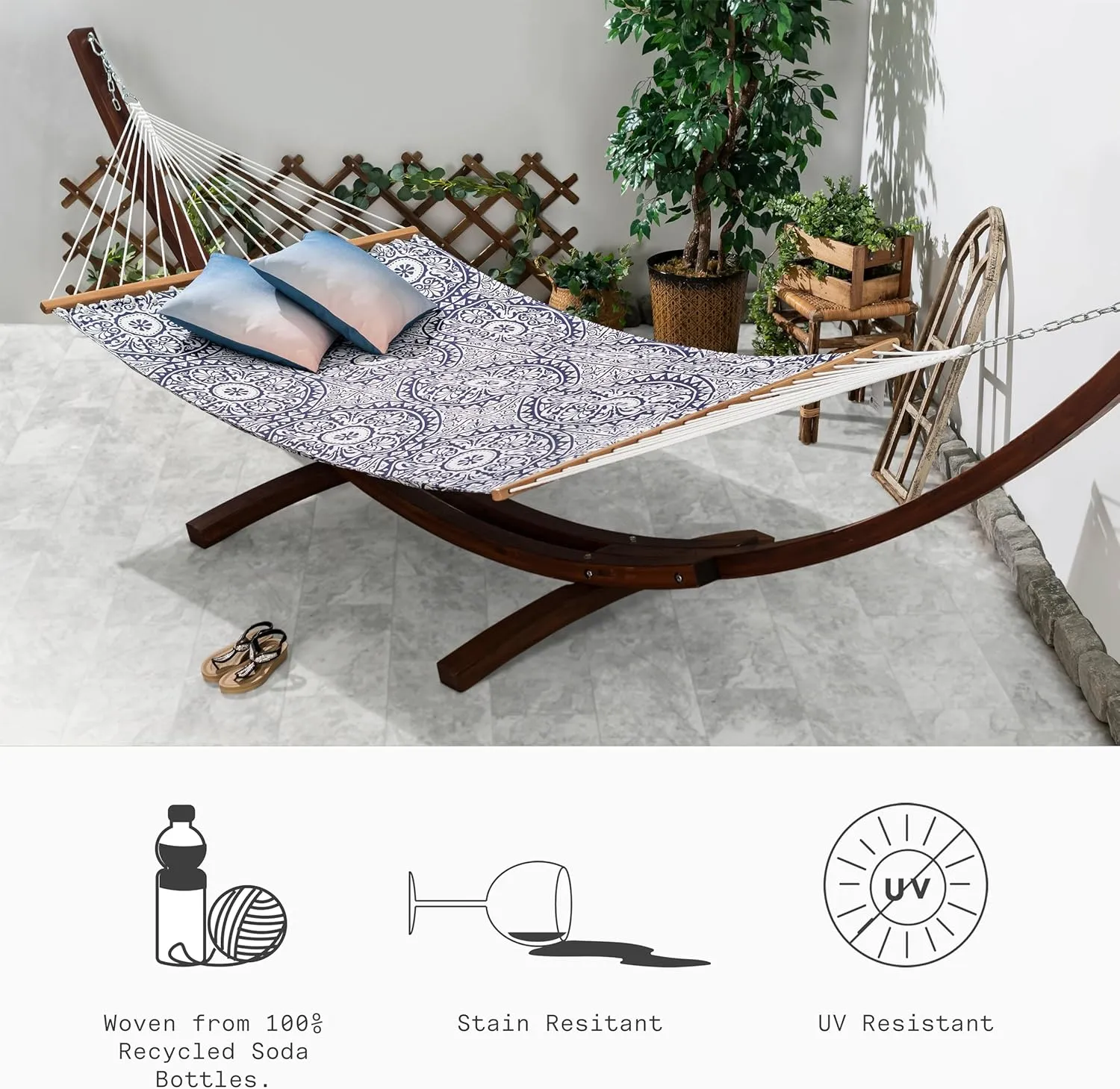 Fab Habitat Farmhouse Recycled Polyester Hammock - Spanish Tile - Blue - Indoor/Outdoor, Quick Dry, 2 Person 460 lbs Capacity - Patio, Poolside, Backyard, Garden, Beach, Balcony - 12-14 ft Adjustable