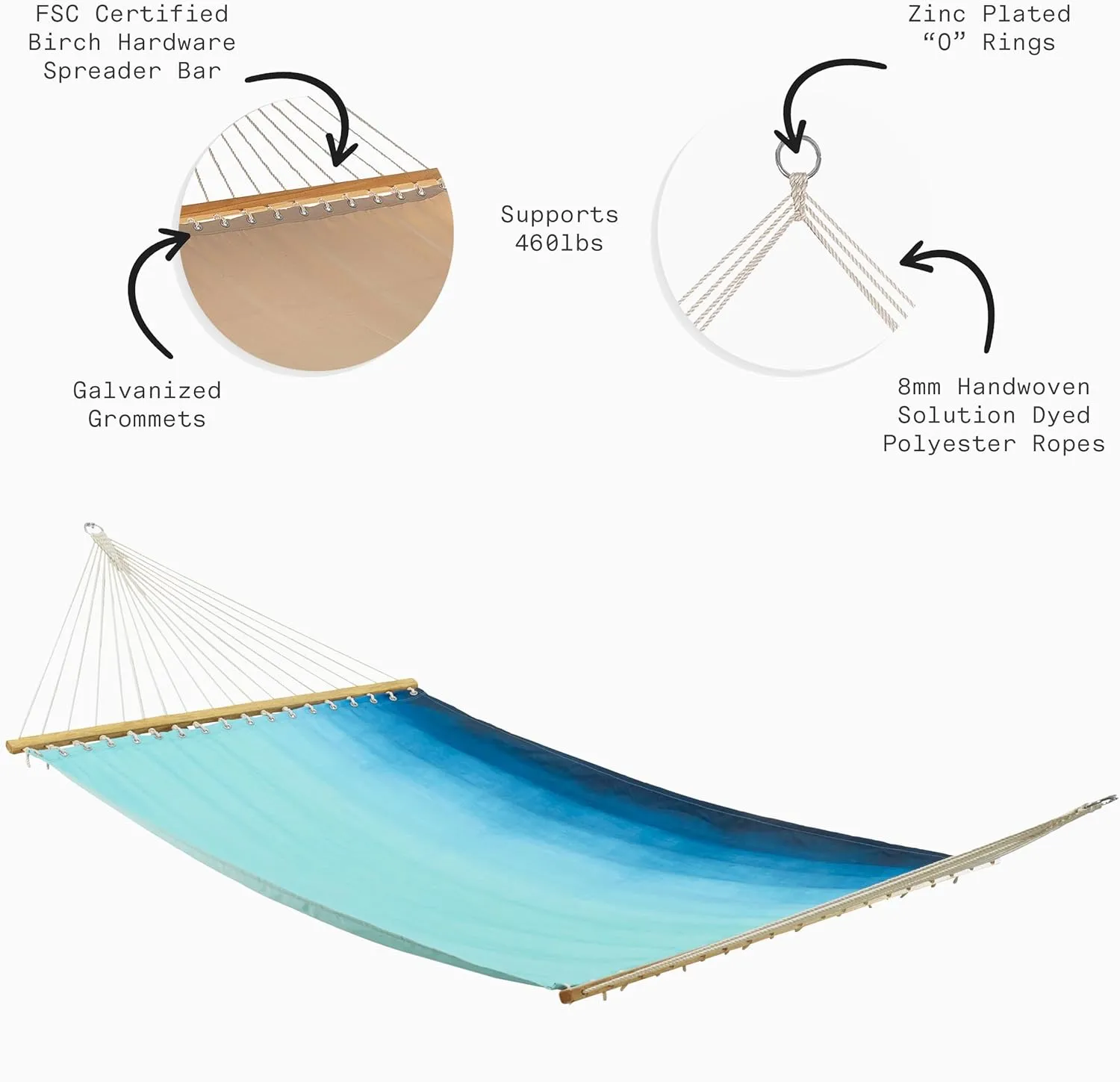 Fab Habitat Ombre Recycled Polyester Hammock - Big Sur - Teal - Indoor/Outdoor, Quick Dry, 2 Person 460 lbs Capacity - Patio, Poolside, Backyard, Garden, Beach, Balcony - 12-14 ft Adjustable