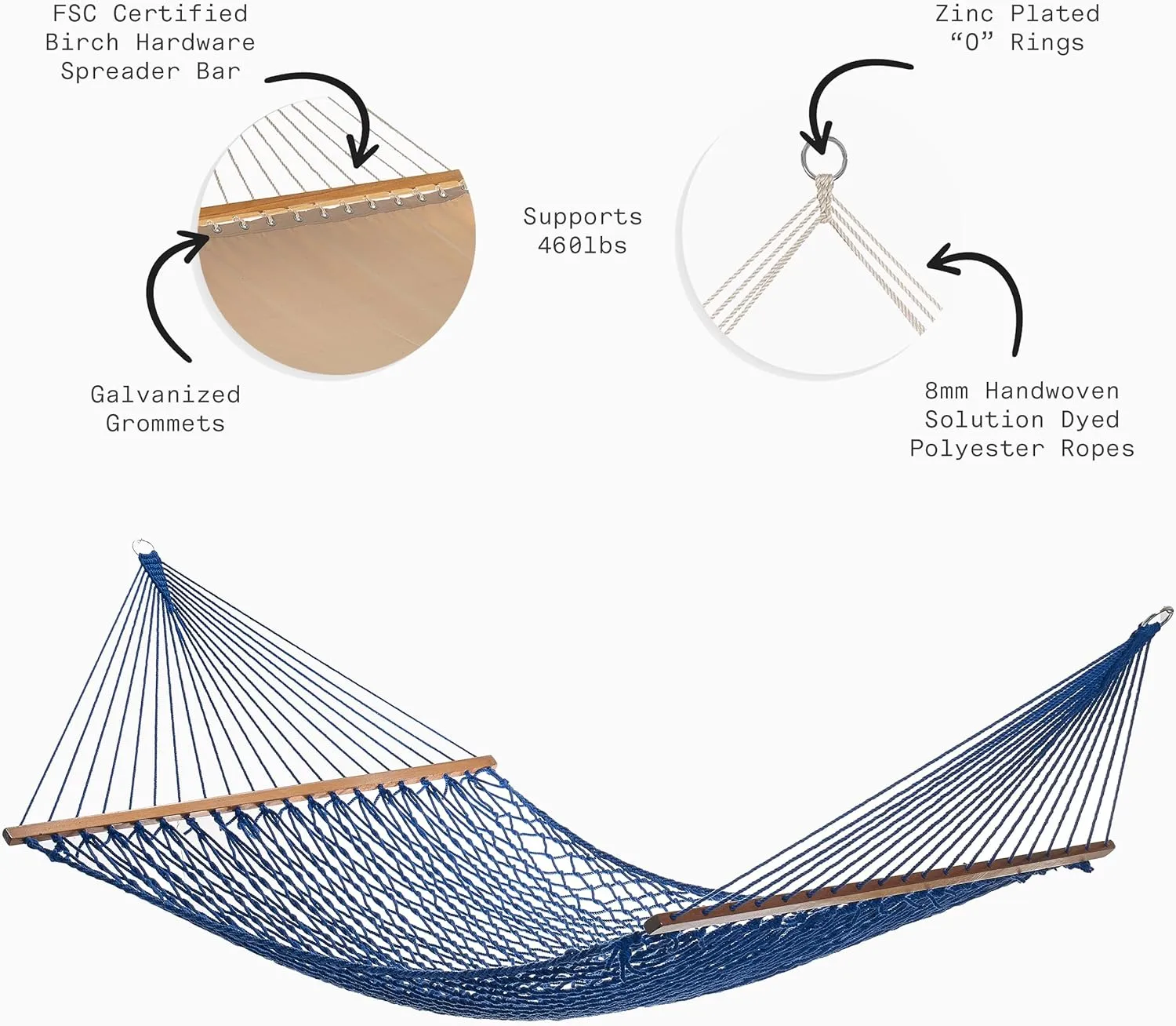 Fab Habitat Rope Recycled Polyester Hammock - Miami - Blue - Indoor/Outdoor, Quick Dry, 2 Person 400 lbs Capacity - Patio, Poolside, Backyard, Garden, Beach, Balcony - 12-14 ft Adjustable