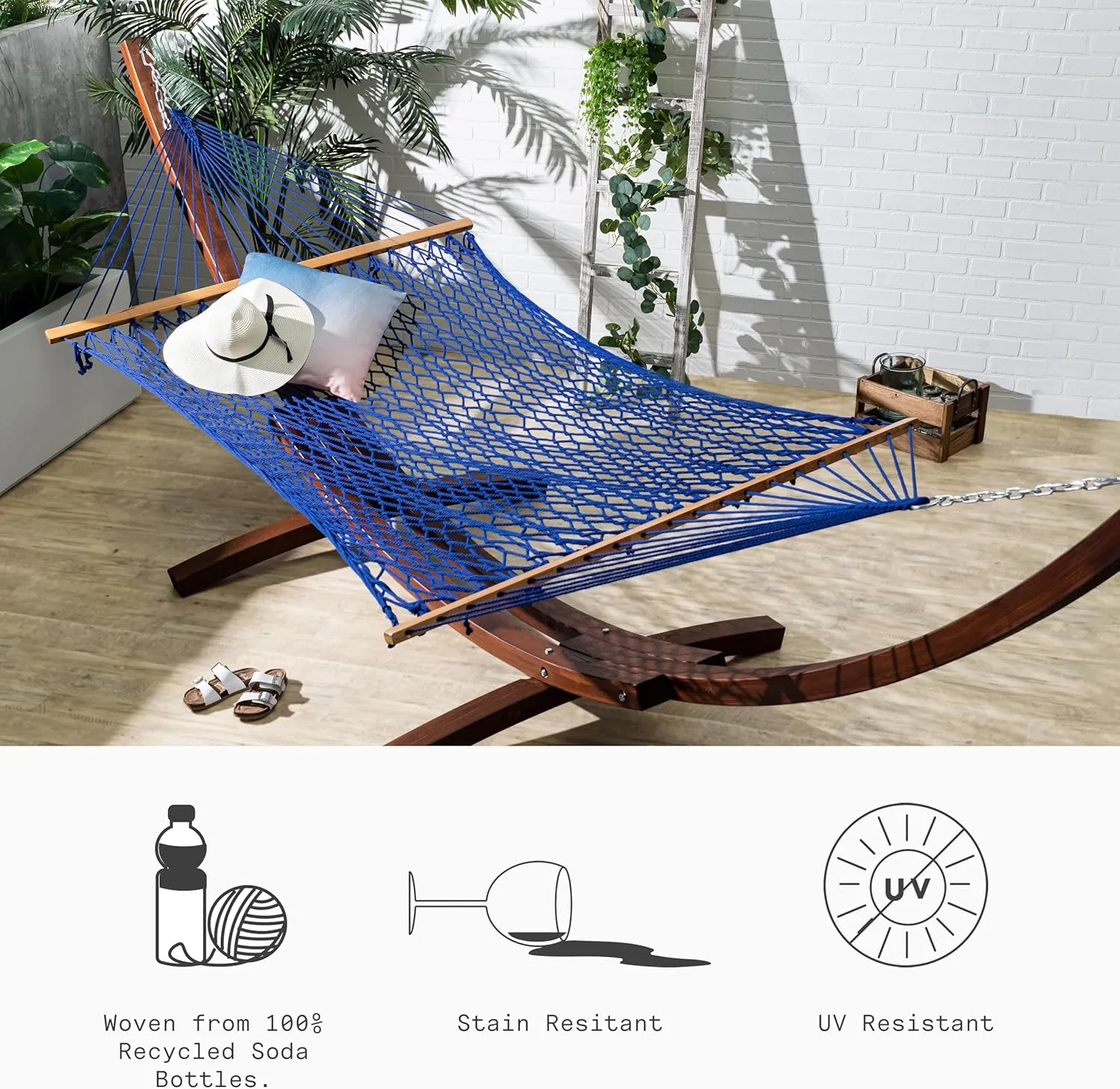Fab Habitat Rope Recycled Polyester Hammock - Miami - Blue - Indoor/Outdoor, Quick Dry, 2 Person 400 lbs Capacity - Patio, Poolside, Backyard, Garden, Beach, Balcony - 12-14 ft Adjustable
