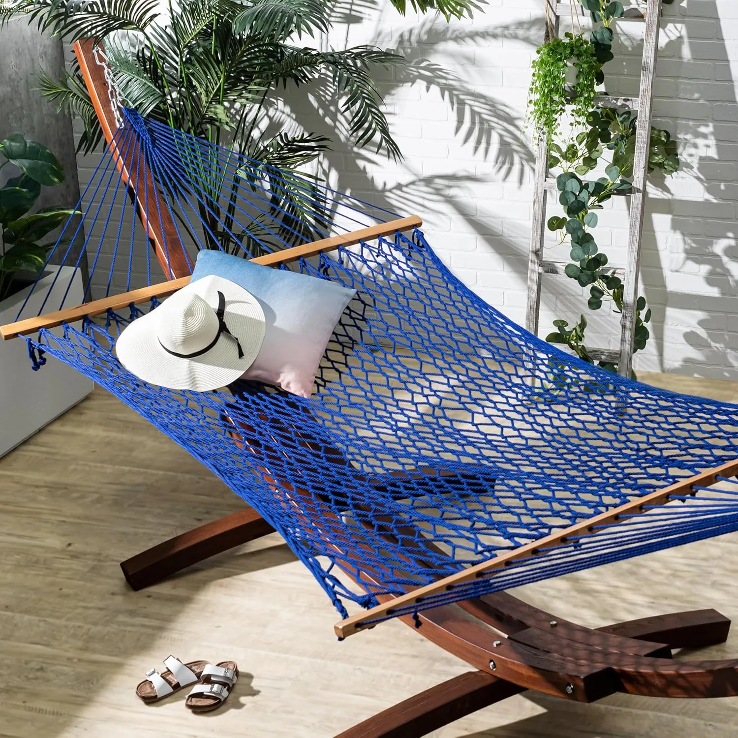 Fab Habitat Rope Recycled Polyester Hammock - Miami - Blue - Indoor/Outdoor, Quick Dry, 2 Person 400 lbs Capacity - Patio, Poolside, Backyard, Garden, Beach, Balcony - 12-14 ft Adjustable
