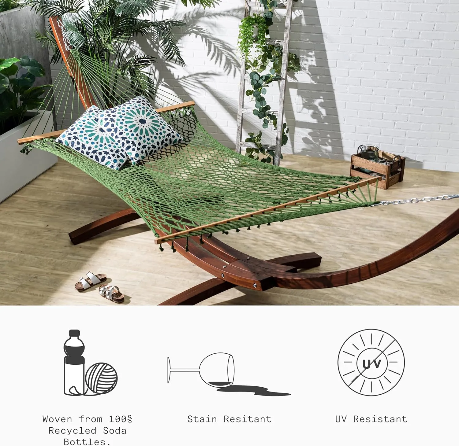Fab Habitat Rope Recycled Polyester Hammock - Miami - Green - Indoor/Outdoor, Quick Dry, 2 Person 400 lbs Capacity - Patio, Poolside, Backyard, Garden, Beach, Balcony - 12-14 ft Adjustable