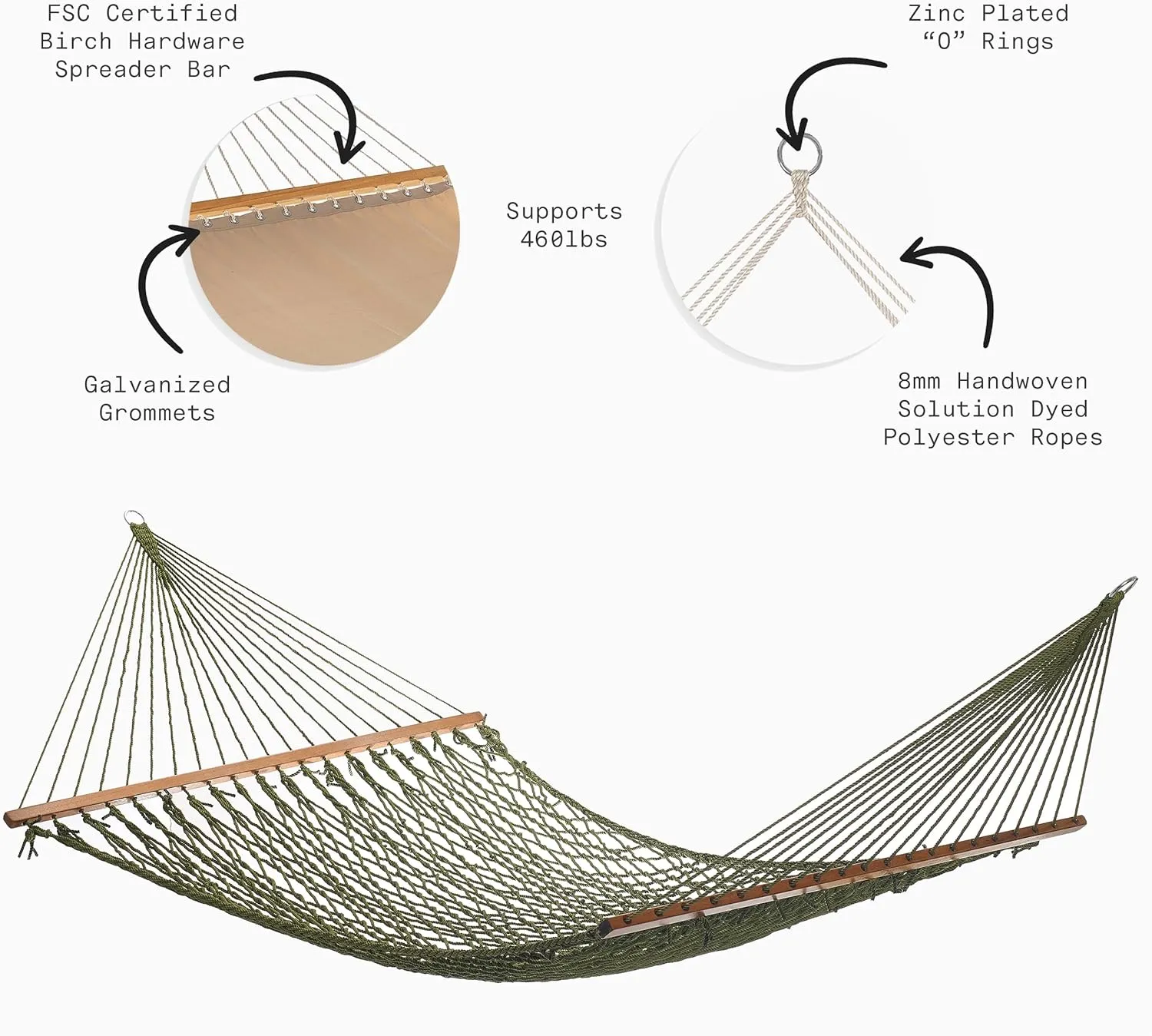 Fab Habitat Rope Recycled Polyester Hammock - Miami - Green - Indoor/Outdoor, Quick Dry, 2 Person 400 lbs Capacity - Patio, Poolside, Backyard, Garden, Beach, Balcony - 12-14 ft Adjustable