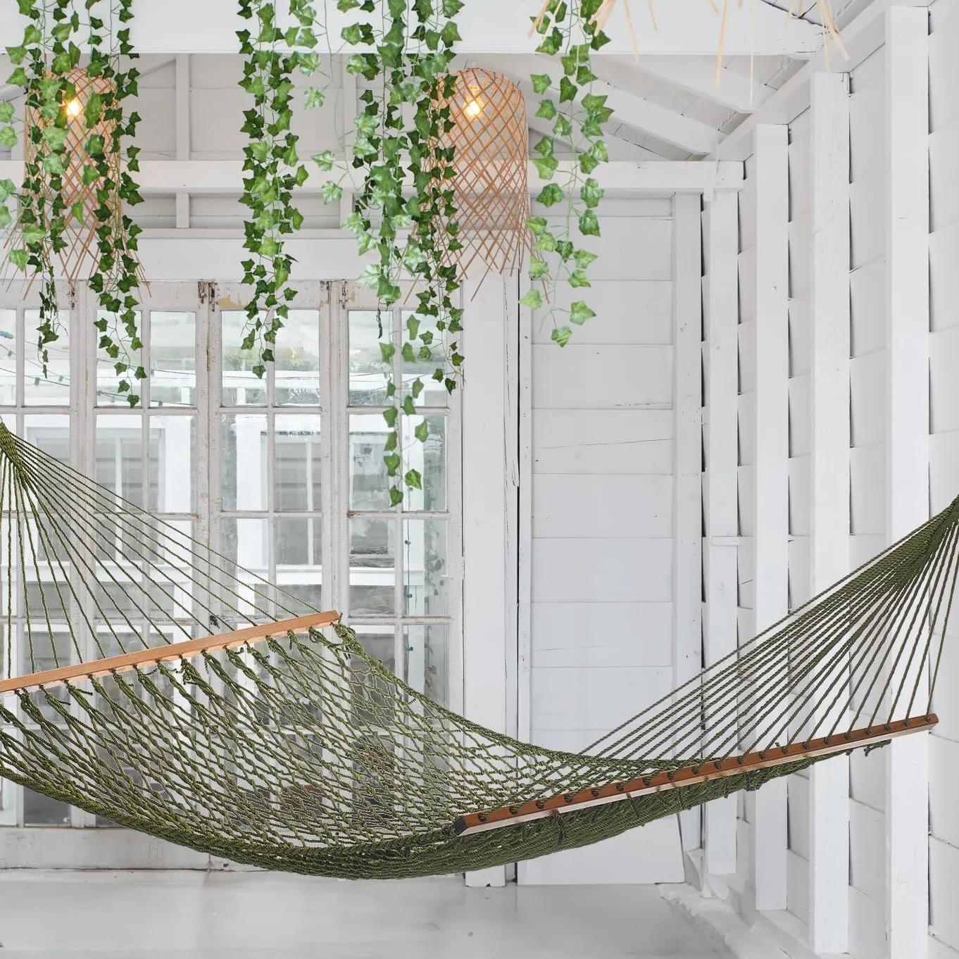 Fab Habitat Rope Recycled Polyester Hammock - Miami - Green - Indoor/Outdoor, Quick Dry, 2 Person 400 lbs Capacity - Patio, Poolside, Backyard, Garden, Beach, Balcony - 12-14 ft Adjustable