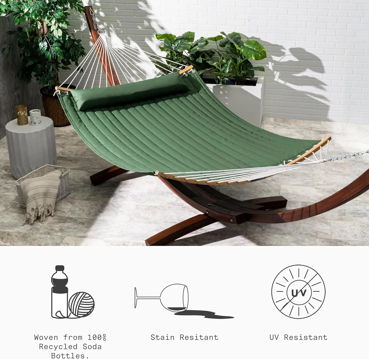 Fab Habitat Solid Quilted Recycled Polyester Hammock with Pillow, Curved Spreader Bar - Fargo - Green - Indoor/Outdoor, Quick Dry, 2 Person 460 lbs Capacity - Patio, Poolside - 11-14 ft Adjustable