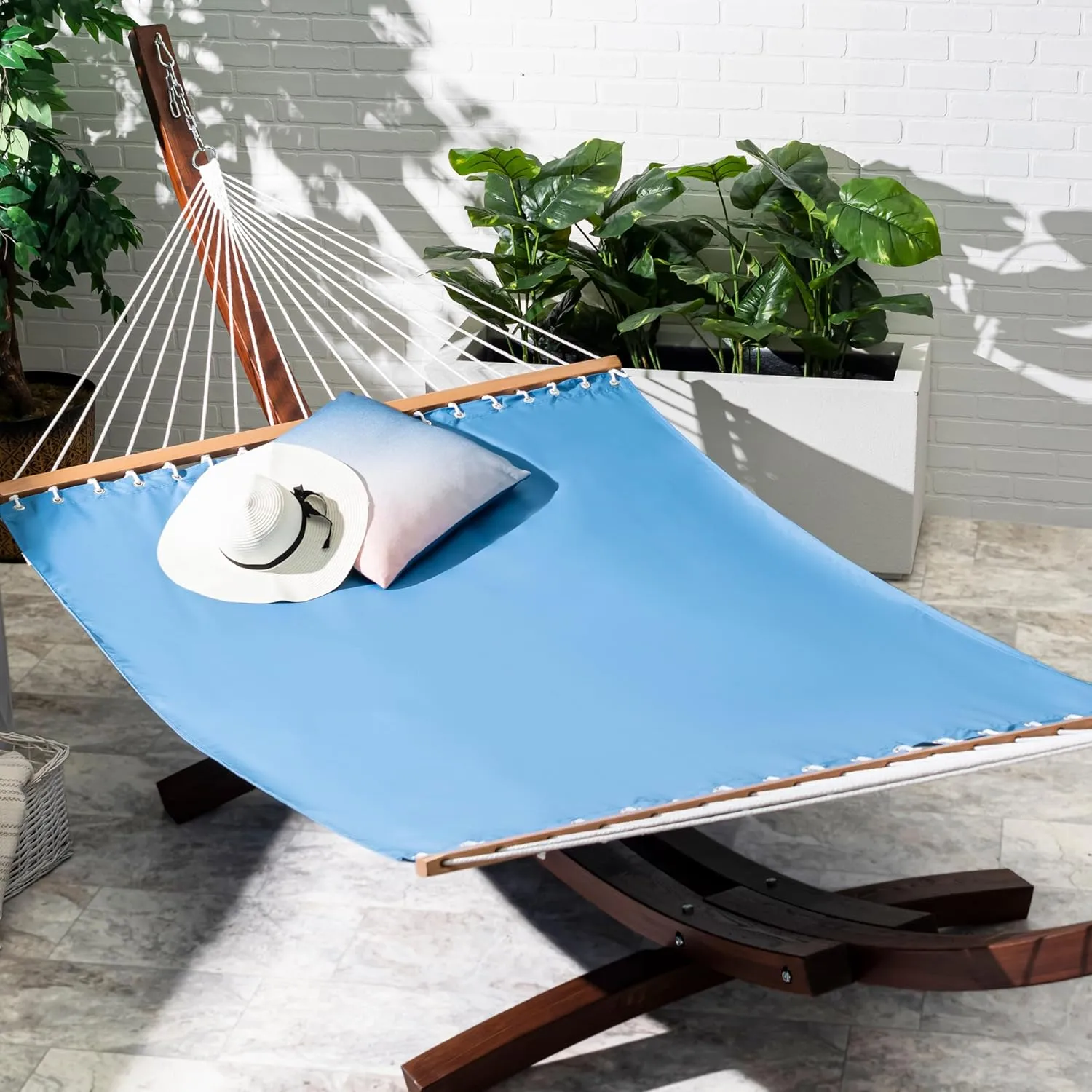 Fab Habitat Solid Recycled Polyester Hammock - Fargo - Blue - Indoor/Outdoor, Quick Dry, 2 Person 460 lbs Capacity - Patio, Poolside, Backyard, Garden, Beach, Balcony - 12-14 ft Adjustable
