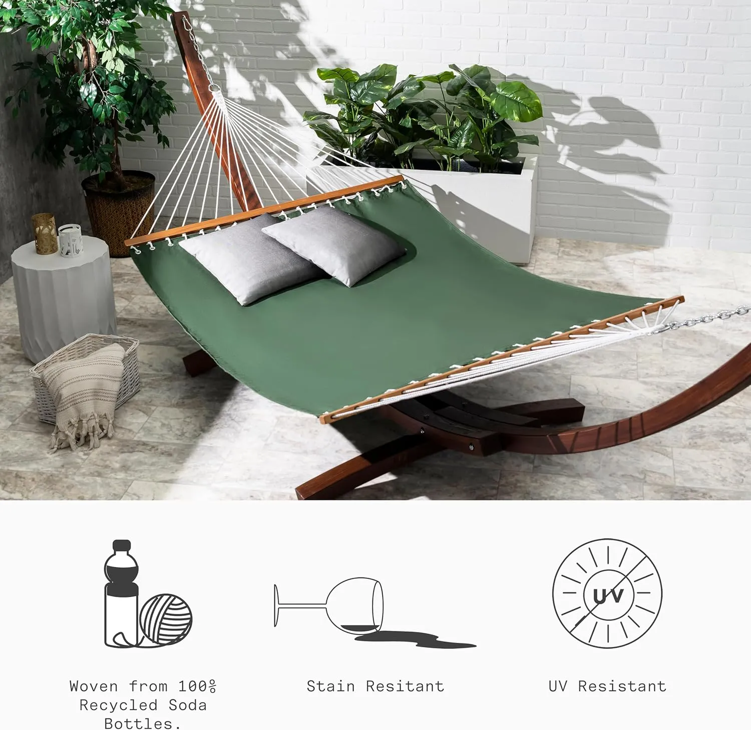 Fab Habitat Solid Recycled Polyester Hammock - Fargo - Green - Indoor/Outdoor, Quick Dry, 2 Person 460 lbs Capacity - Patio, Poolside, Backyard, Garden, Beach, Balcony - 12-14 ft Adjustable