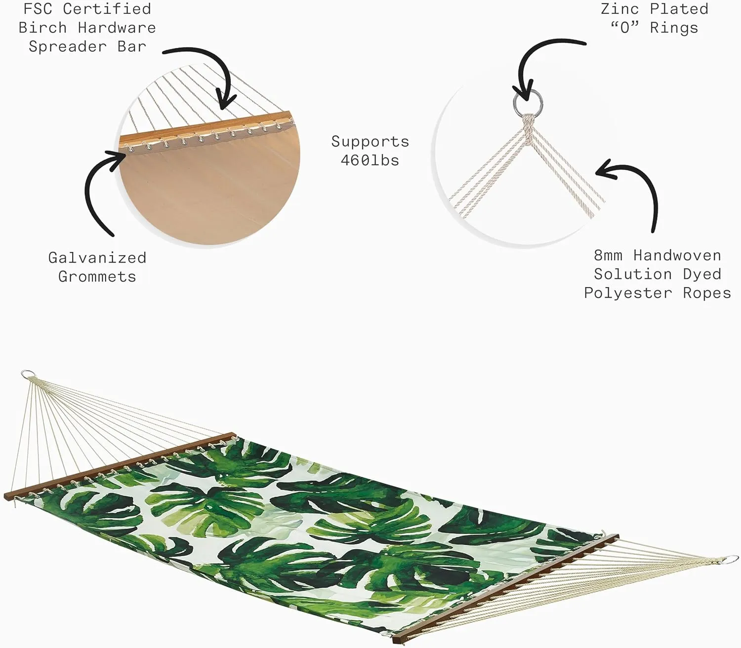 Fab Habitat Tropical Botanical Recycled Polyester Hammock - Panama - Green - Indoor/Outdoor, Quick Dry, 2 Person 460 lbs Capacity - Patio, Poolside, Backyard, Garden, Beach - 12-14 ft Adjustable