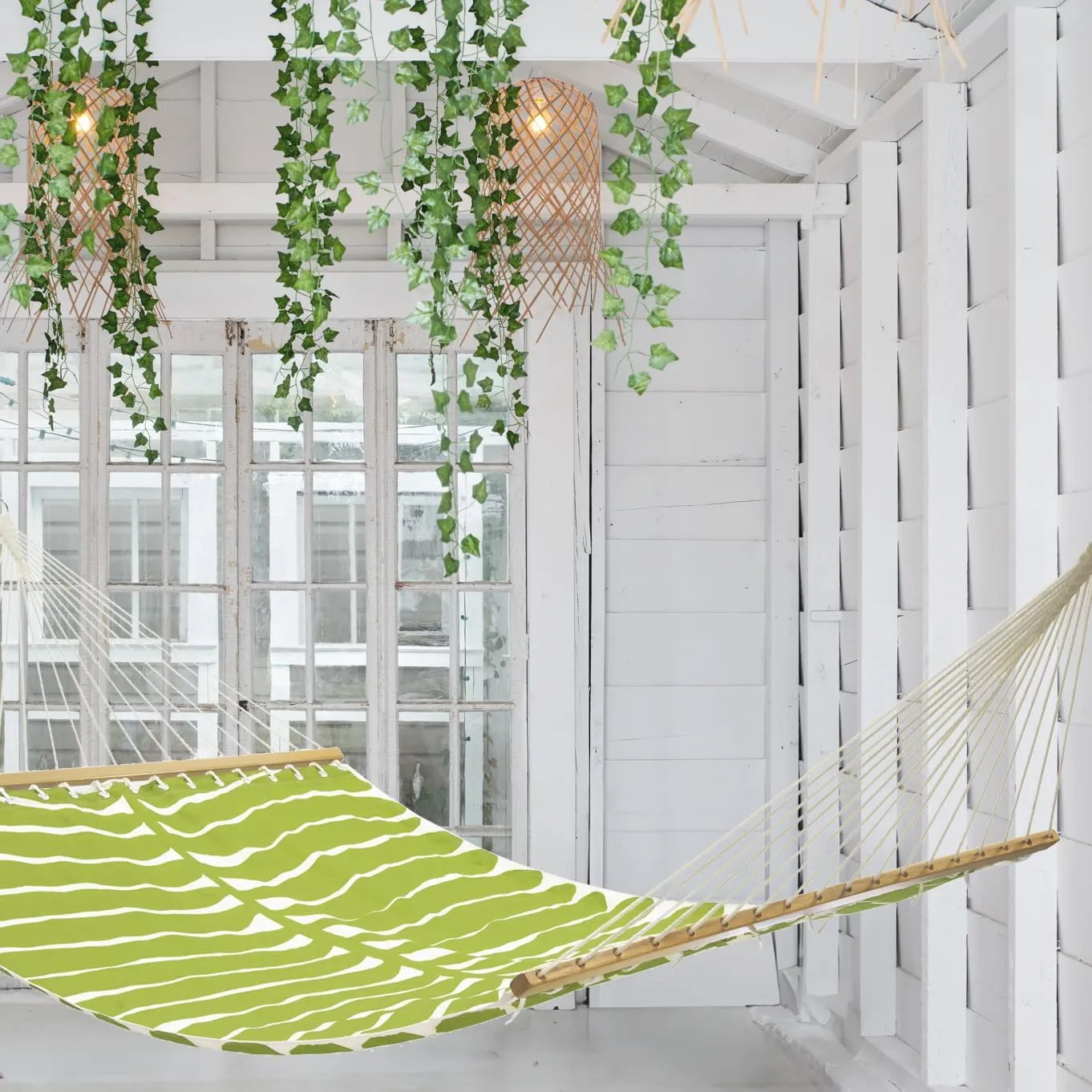 Fab Habitat Tropical Leaf Recycled Polyester Hammock - Hilo - Green - Indoor/Outdoor, Quick Dry, 2 Person 460 lbs Capacity - Patio, Poolside, Backyard - 12-14 ft Adjustable