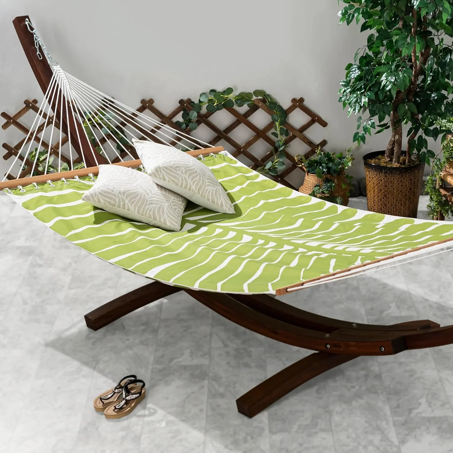 Fab Habitat Tropical Leaf Recycled Polyester Hammock - Hilo - Green - Indoor/Outdoor, Quick Dry, 2 Person 460 lbs Capacity - Patio, Poolside, Backyard - 12-14 ft Adjustable