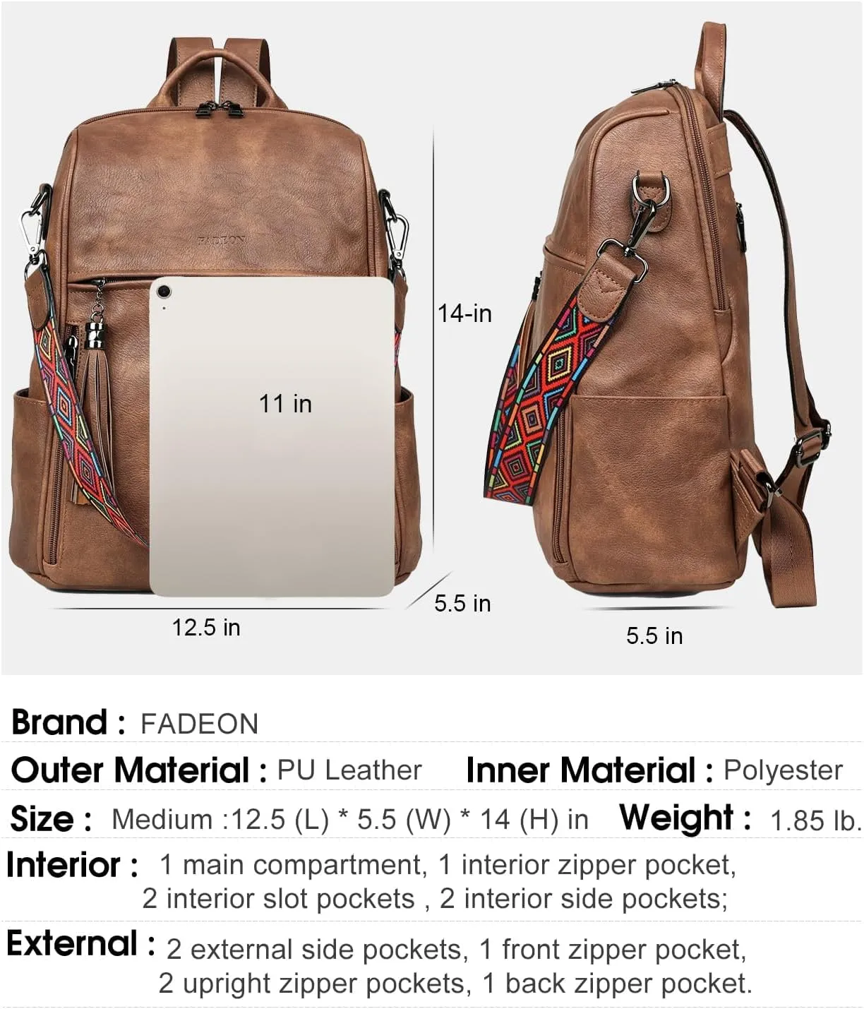 FADEON Leather Backpack Purse for Women Designer Travel Backpack Purses PU Fashion Ladies Shoulder Bag with Tassel