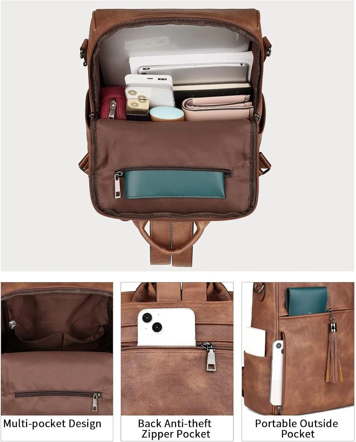 FADEON Leather Backpack Purse for Women Designer Travel Backpack Purses PU Fashion Ladies Shoulder Bag with Tassel