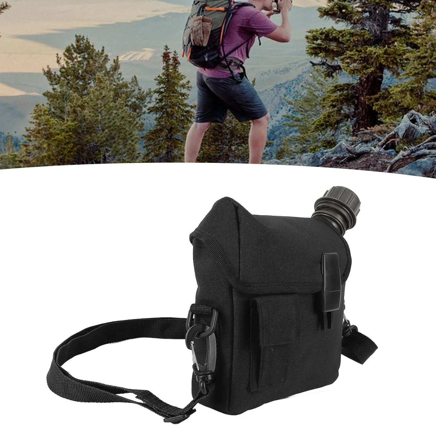 F&Y 1.5L Outdoor Flat Water Bottle with Waist Bag – Portable Leakproof PVC Hydration Bottle for Hiking & Camping (Black)