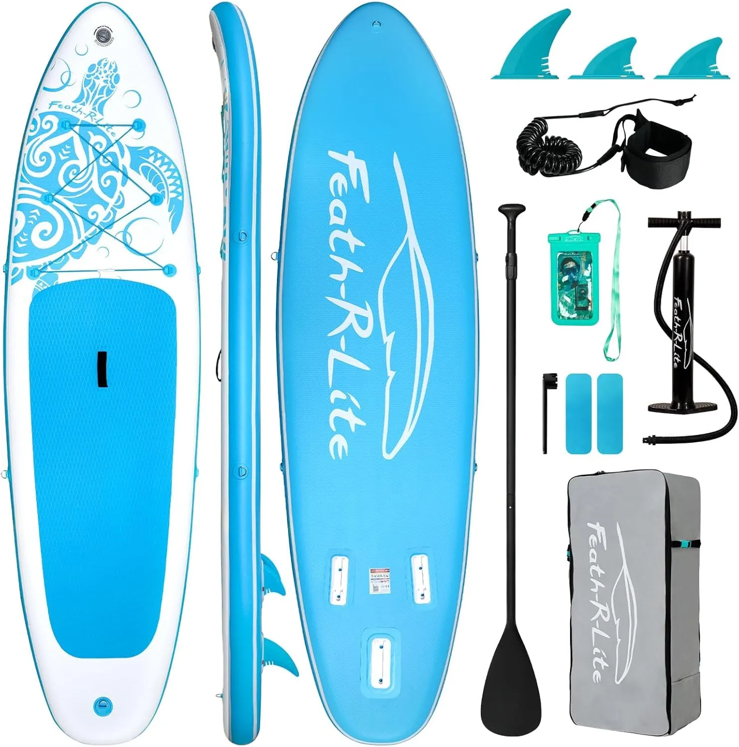 FEATH-R-LITE Inflatable Paddle Board Stand Up Paddleboards for Adults SUP with Premium Accessories Pump, Adjustable Paddle, Leash, Three Fins, Backpack