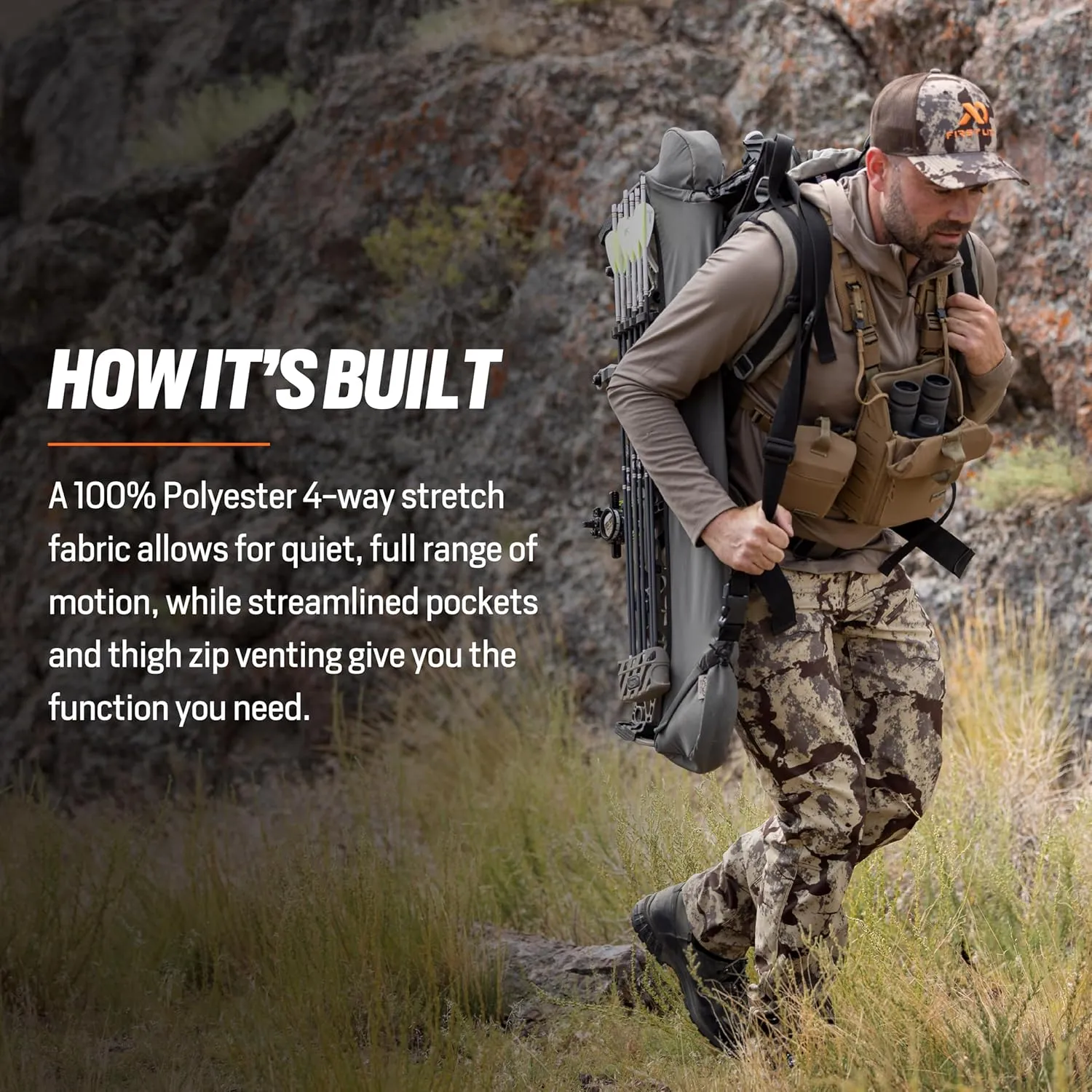 First Lite Men’s 308 Pant - Men’s Outdoor Stretch Camo Hunting Pants with Hip Vents, Year Round Lightweight Hunting Gear