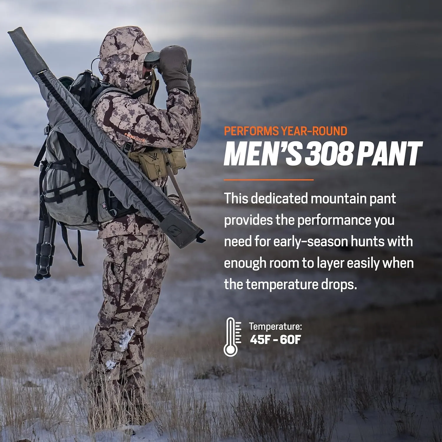 First Lite Men’s 308 Pant - Men’s Outdoor Stretch Camo Hunting Pants with Hip Vents, Year Round Lightweight Hunting Gear