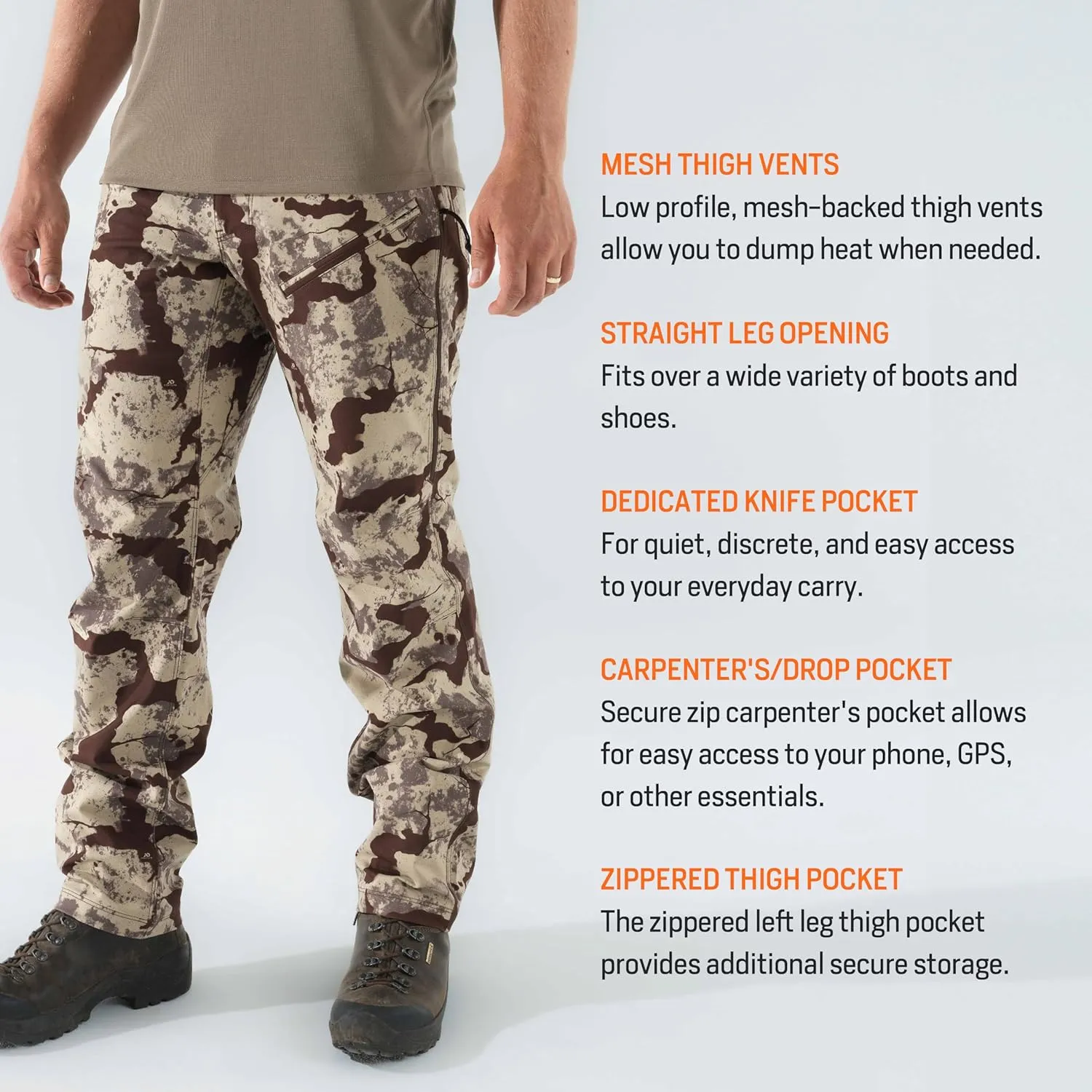 First Lite Men’s 308 Pant - Men’s Outdoor Stretch Camo Hunting Pants with Hip Vents, Year Round Lightweight Hunting Gear