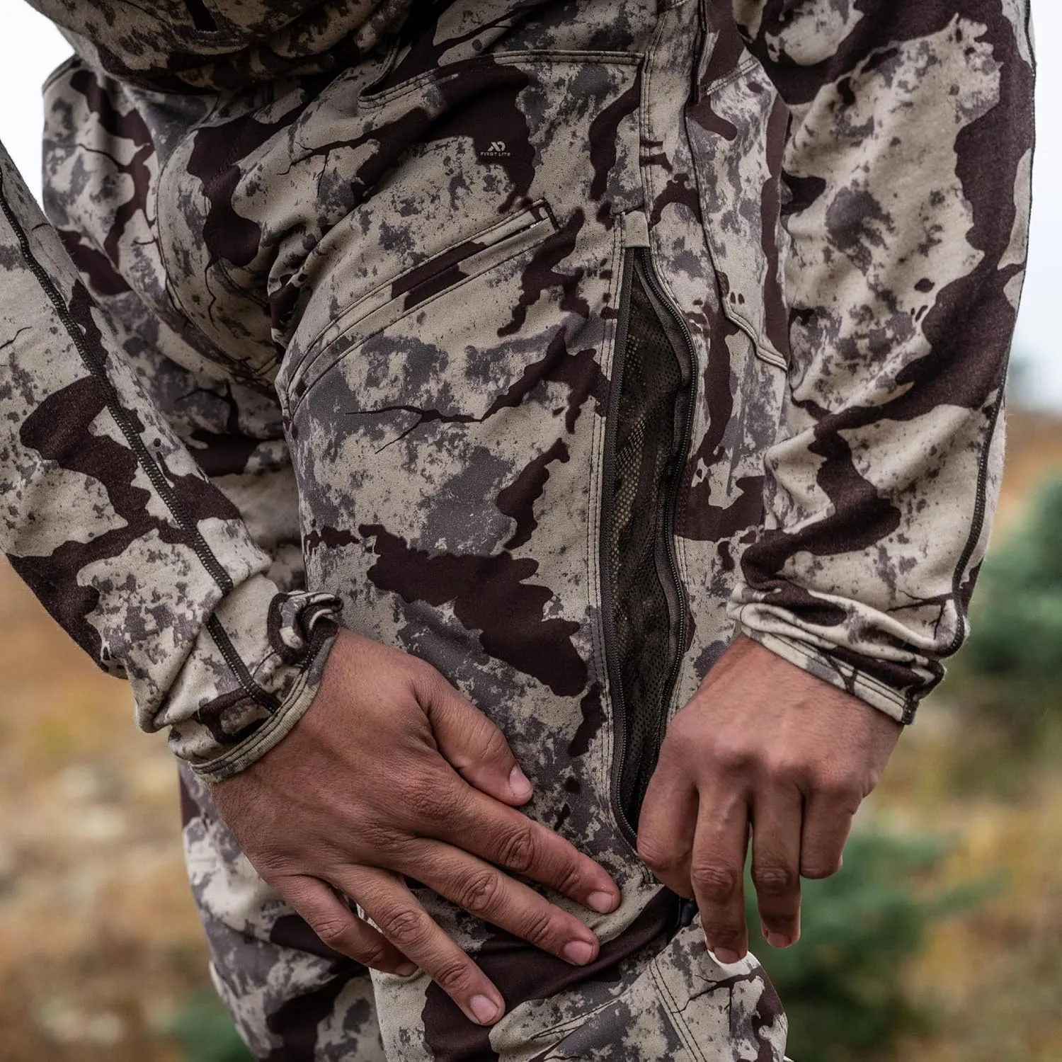 First Lite Men’s 308 Pant - Men’s Outdoor Stretch Camo Hunting Pants with Hip Vents, Year Round Lightweight Hunting Gear